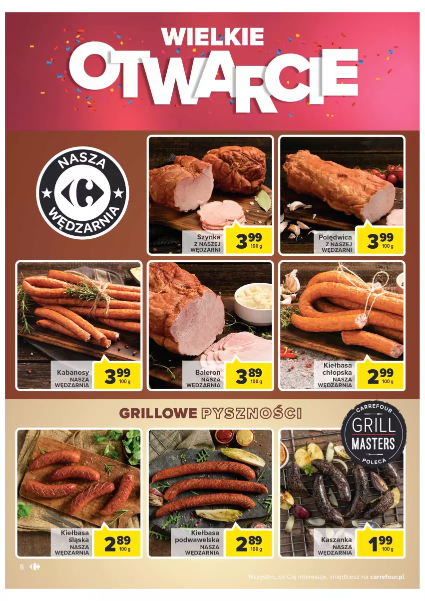 Gazetka promocyjna Carrefour - Gazetka Wielkie otwarcie Market Łomża - ważna 08.06 do 13.06.2022 - strona 8 - produkty: Kabanos, Kasza, Kaszanka, Kiełbasa, Kiełbasa podwawelska, Kiełbasa śląska, Polędwica, Szynka, Wawel