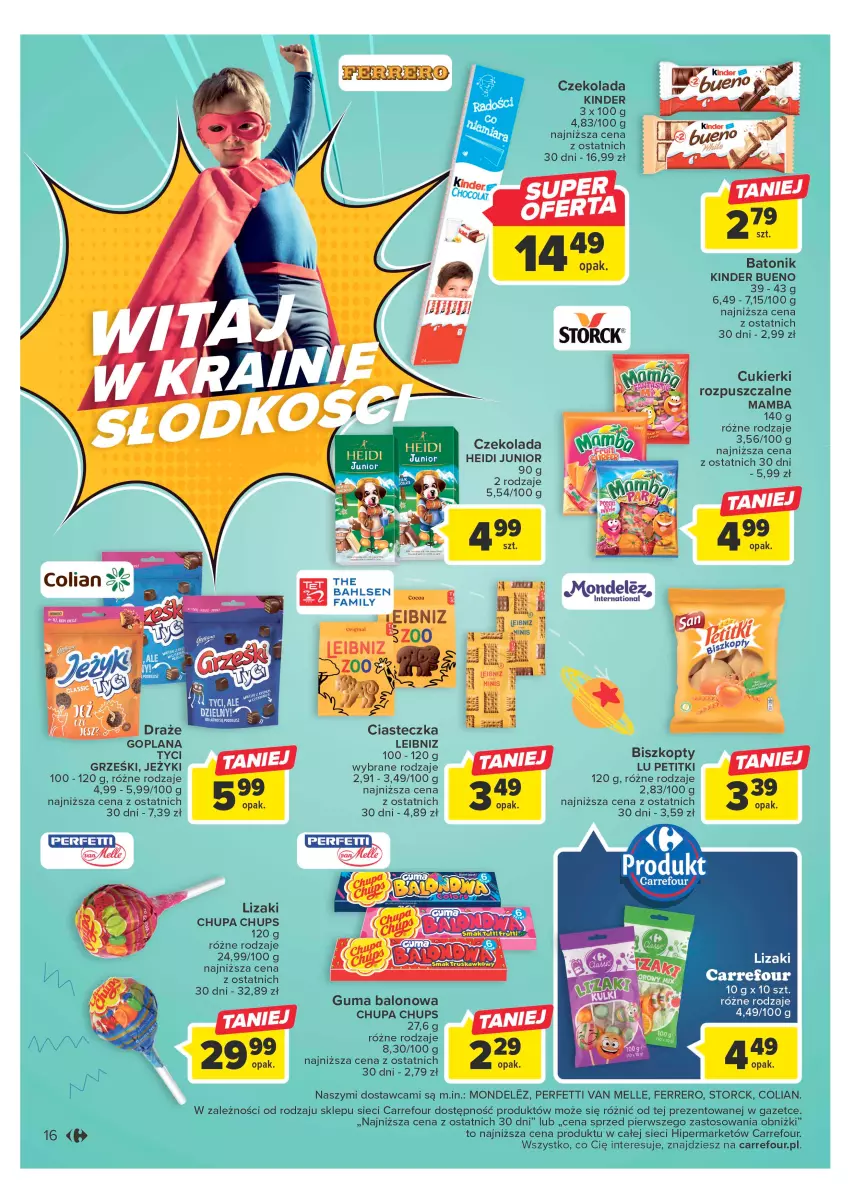 Gazetka promocyjna Carrefour - Gazetka Mali marzyciele - ważna 16.05 do 03.06.2023 - strona 16 - produkty: Biszkopty, Chupa Chups, Cukier, Cukierki, Czekolada, Ferrero, Gin, Goplana, Grześki, Jeżyki, Kinder, LANA, Lizaki, Mamba