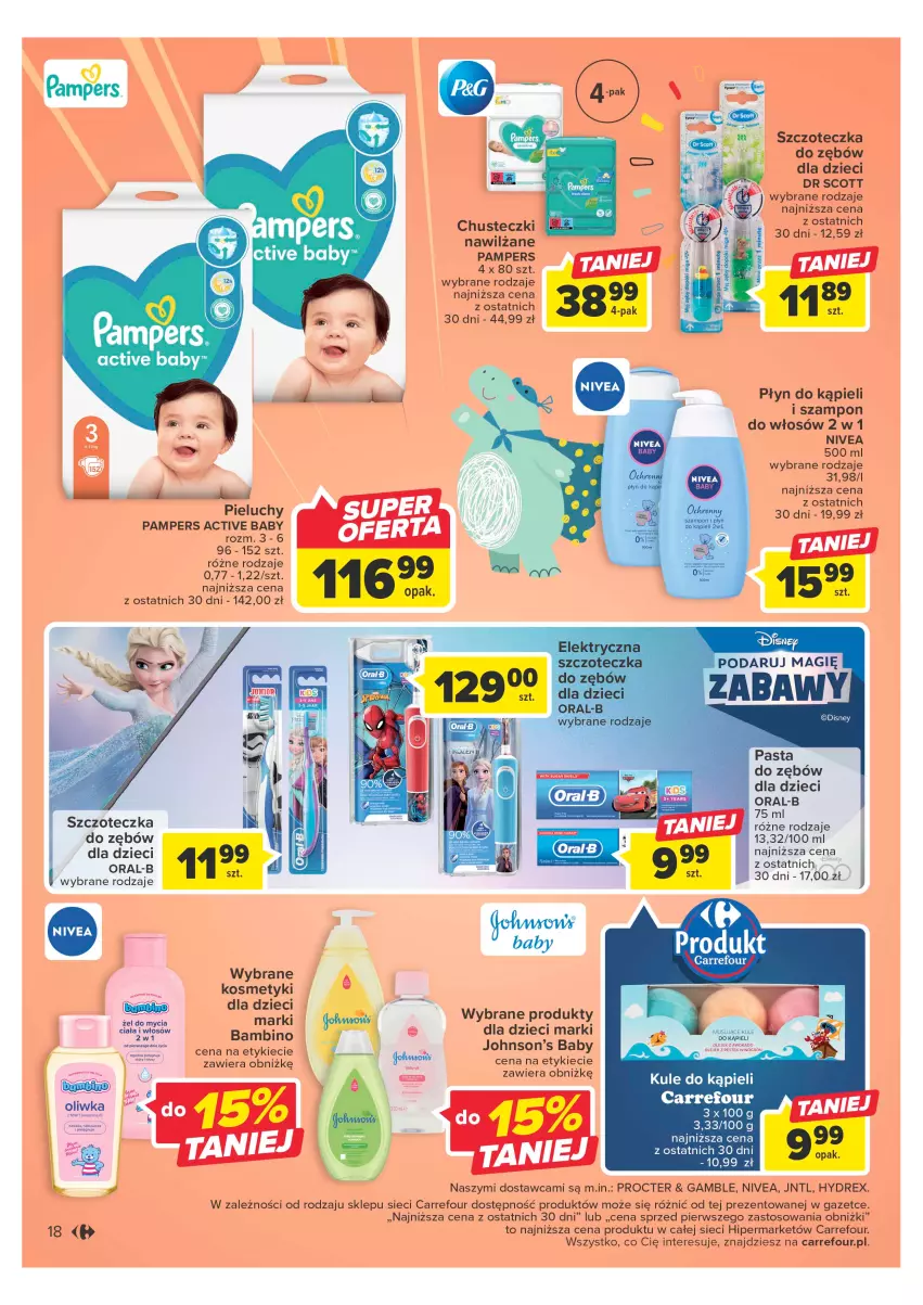 Gazetka promocyjna Carrefour - Gazetka Mali marzyciele - ważna 16.05 do 03.06.2023 - strona 18 - produkty: Chusteczki, Disney, Dzieci, Johnson's, Johnson's Baby, Nivea, Pampers, Pasta do zębów, Pieluchy, Płyn do kąpieli, Szampon, Szczoteczka