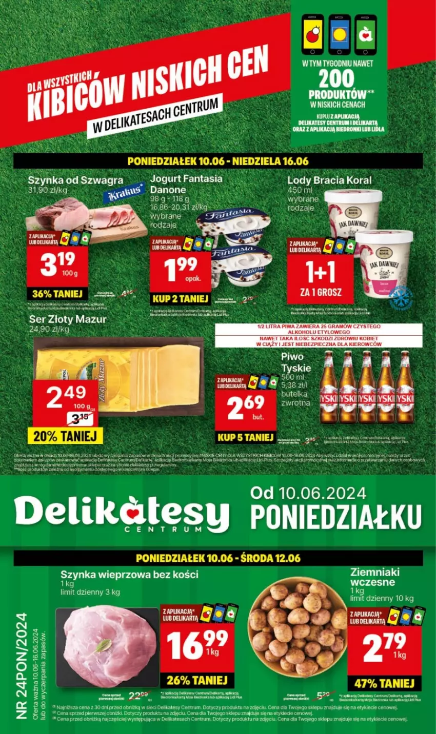 Gazetka promocyjna Delikatesy Centrum - NOWA GAZETKA Delikatesy Centrum od 10 czerwca! 10-16.06.2024 - ważna 10.06 do 16.06.2024 - strona 1 - produkty: Danone, Fa, Fanta, Gin, Gra, Inka, Jogurt, Lody, Piec, Piwa, Rama, Rum, Ser, Szynka, Szynka wieprzowa, Ziemniaki, Złoty Mazur