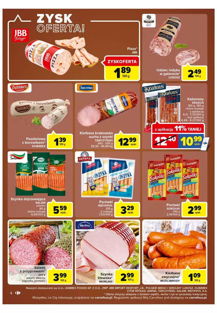 Gazetka promocyjna Carrefour - Gazetka Express - ważna 15.02 do 21.02.2022 - strona 4 - produkty: Dzieci, Gala, Kabanos, Kiełbasa, Kiełbasa krakowska, Kosz, Krakus, Morliny, Papryka, Parówki, Parówki sokoliki, Pasztet, Pieprz, Pizza, Półka, Por, Salami, Ser, Sok, Sport, Szynka, Tarczyński