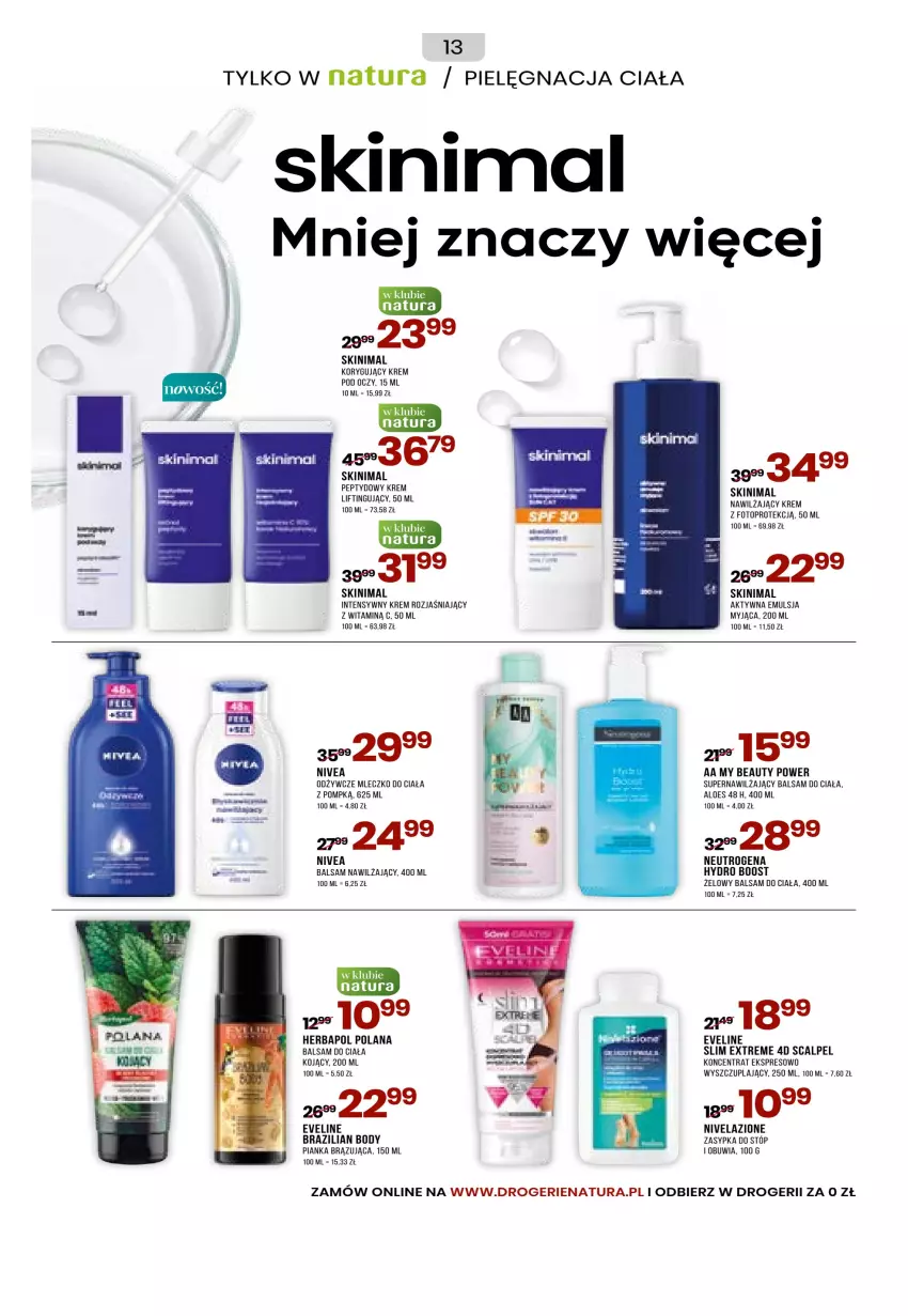 Gazetka promocyjna Drogerie Natura - Gazetka Drogerie Natura - ważna 01.11 do 30.11.2022 - strona 13 - produkty: Balsam do ciała, Body, Emulsja, Eveline, Herbapol, Krem pod oczy, Krem rozjaśniający, LANA, Mleczko, Mleczko do ciała, Nawilżający balsam, Neutrogena, Nivea, Nivelazione, Top