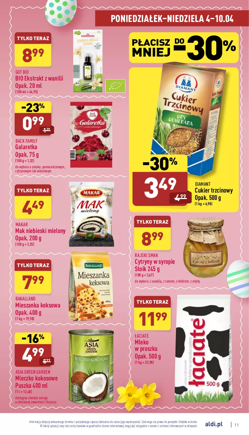 Gazetka promocyjna Aldi - Katalog spożywczy - ważna 04.04 do 10.04.2022 - strona 11 - produkty: Bakalland, Cukier, Cukier trzcinowy, Cytryny, Diamant, Fa, Gala, Galaretka, Imbir, Kokos, Mleczko, Mleko, Mleko w proszku, Rum, Syrop, Tera