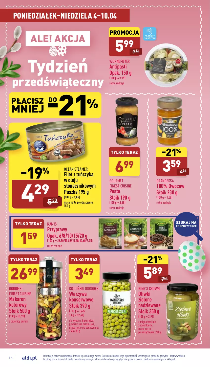 Gazetka promocyjna Aldi - Katalog spożywczy - ważna 04.04 do 10.04.2022 - strona 16 - produkty: Fa, Fasola, Gra, Groszek, Kamis, King’s Crown, Kukurydza, Makaron, Ogród, Olej, Oliwki, Oliwki zielone, Pesto, Przyprawy, Rum, Ser, Tera, Tuńczyk, Warzywa, Warzywa konserwowe