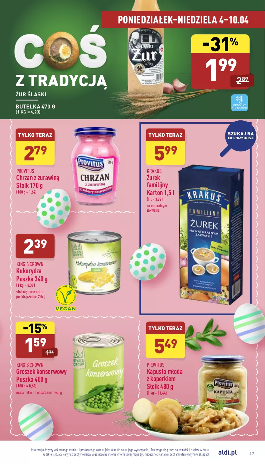 Gazetka promocyjna Aldi - Katalog spożywczy - ważna 04.04 do 10.04.2022 - strona 17 - produkty: Chrzan, Fa, Groszek, King’s Crown, Krakus, Kukurydza, Ser, Tera