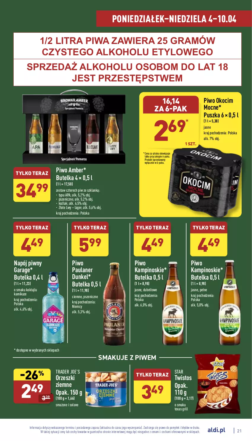 Gazetka promocyjna Aldi - Katalog spożywczy - ważna 04.04 do 10.04.2022 - strona 21 - produkty: Gra, Grill, Koc, Napój, Okocim, Orzeszki, Orzeszki ziemne, Piwa, Piwo, Tera