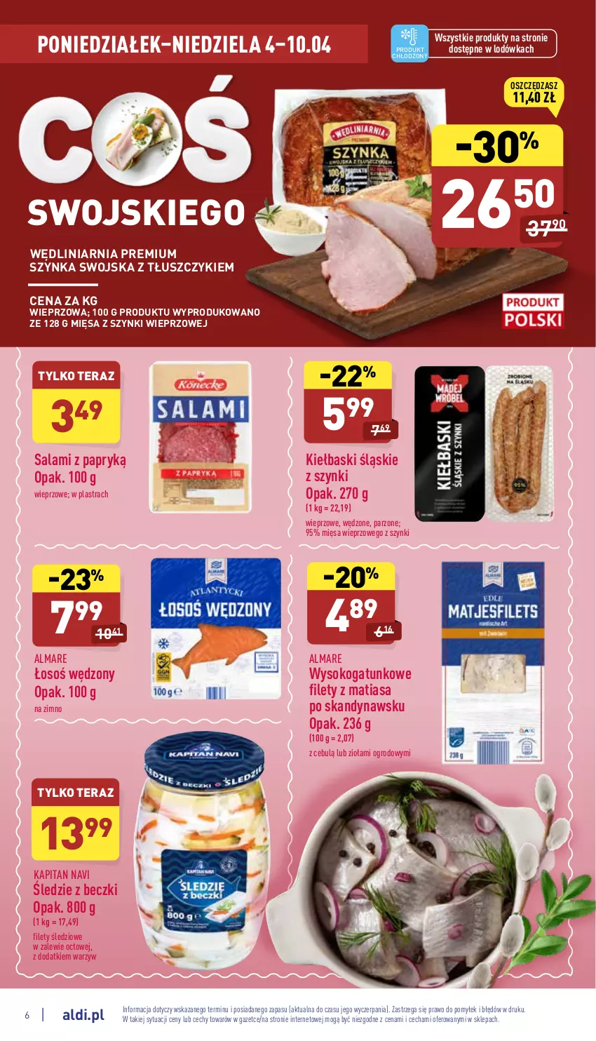 Gazetka promocyjna Aldi - Katalog spożywczy - ważna 04.04 do 10.04.2022 - strona 6 - produkty: Kiełbaski śląskie, Lodówka, Salami, Salami z papryką, Sok, Szynka, Tera