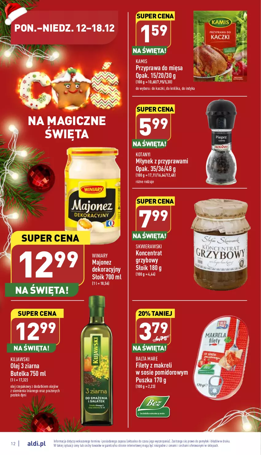 Gazetka promocyjna Aldi - Pełny katalog - ważna 12.12 do 18.12.2022 - strona 12 - produkty: Balta Mare, Kamis, Królik, Kujawski, Majonez, Młynek, Olej, Olej rzepakowy, Sos, Stek, Winiary