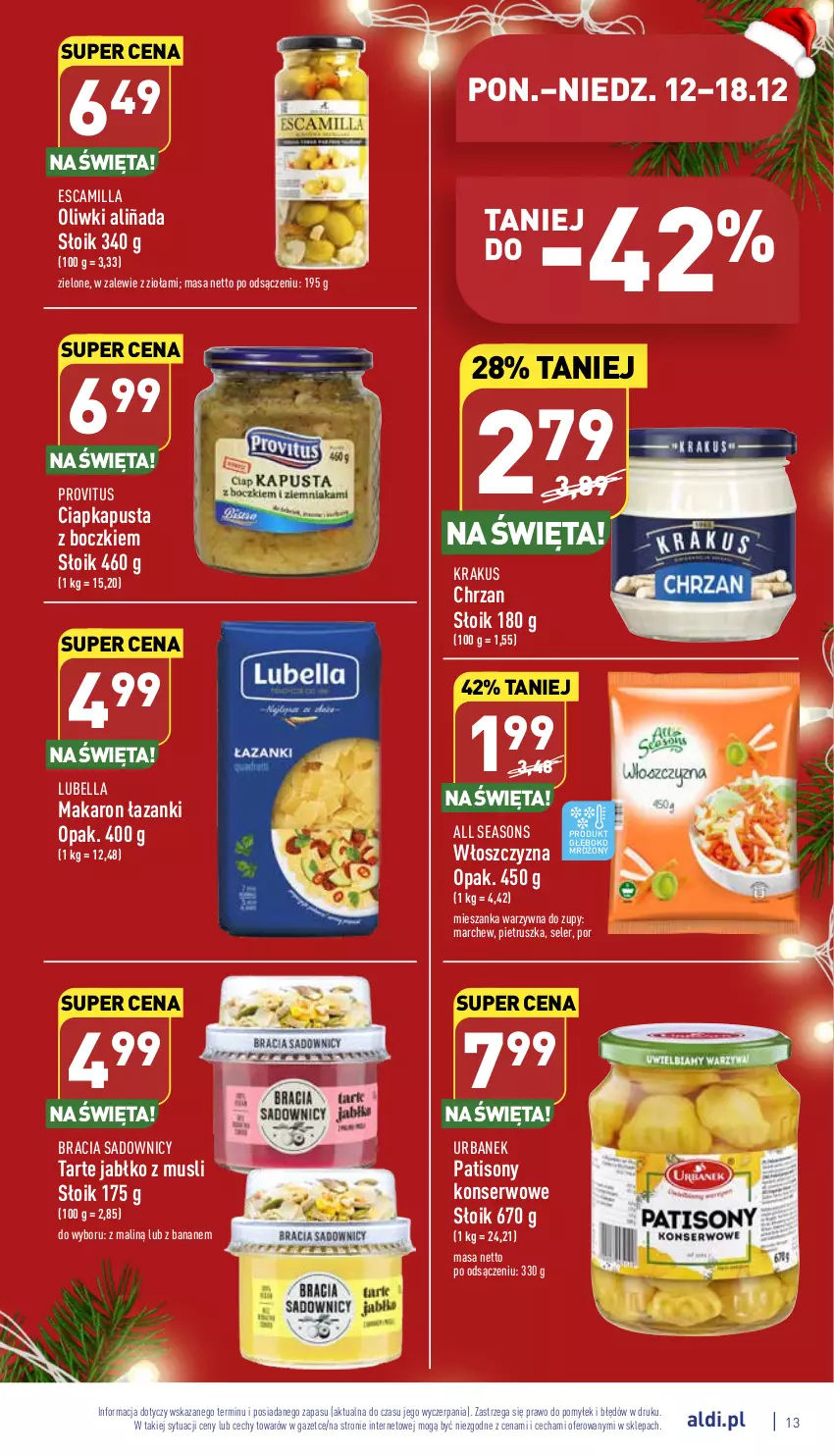 Gazetka promocyjna Aldi - Pełny katalog - ważna 12.12 do 18.12.2022 - strona 13 - produkty: All Seasons, Bell, Bella, Chrzan, Krakus, Lubella, Makaron, Mieszanka warzyw, Mus, Oliwki, Pietruszka, Por, Ser, Sony