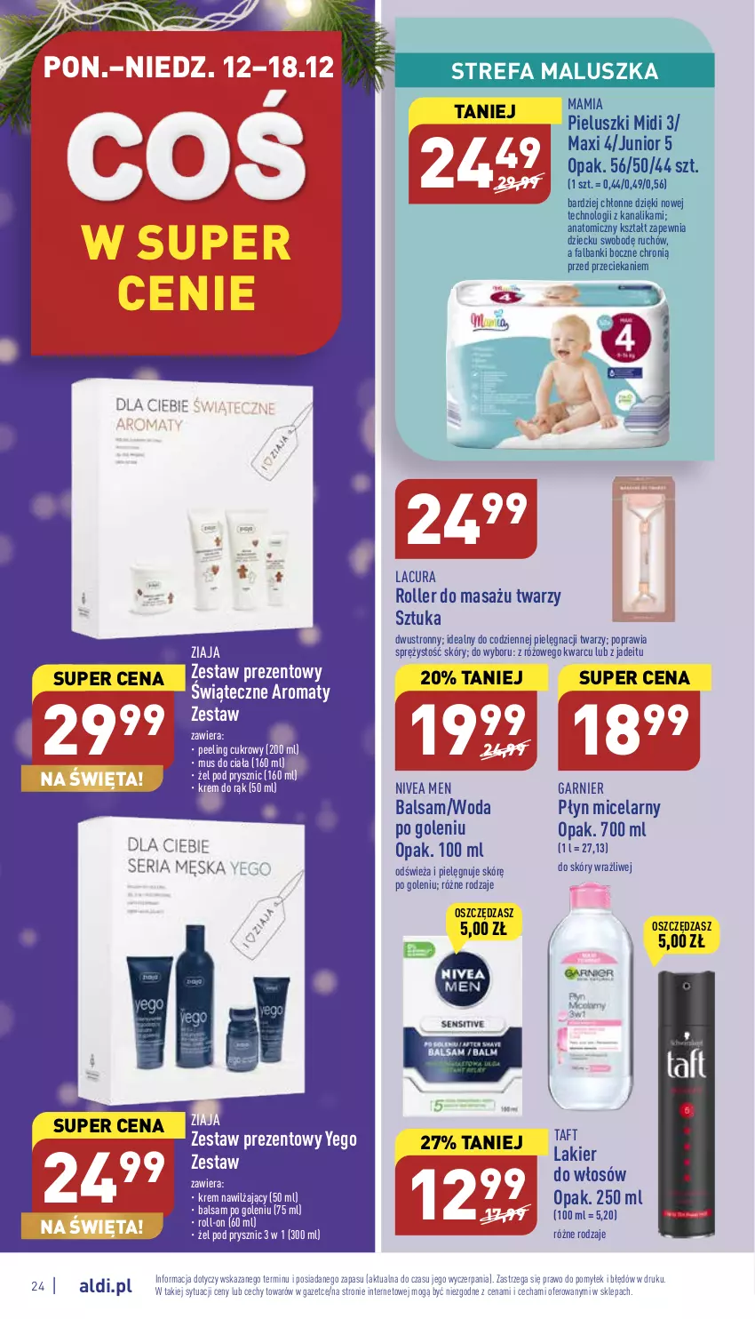 Gazetka promocyjna Aldi - Pełny katalog - ważna 12.12 do 18.12.2022 - strona 24 - produkty: Atomic, Balsam po goleniu, Fa, Garnier, Krem do rąk, Krem nawilżający, Lakier, Lakier do włosów, Mus, Nivea, Nivea Men, Peeling, Płyn micelarny, Roller, Roller do masażu twarzy, Taft, Woda, Woda po goleniu, Zestaw prezentowy, Ziaja