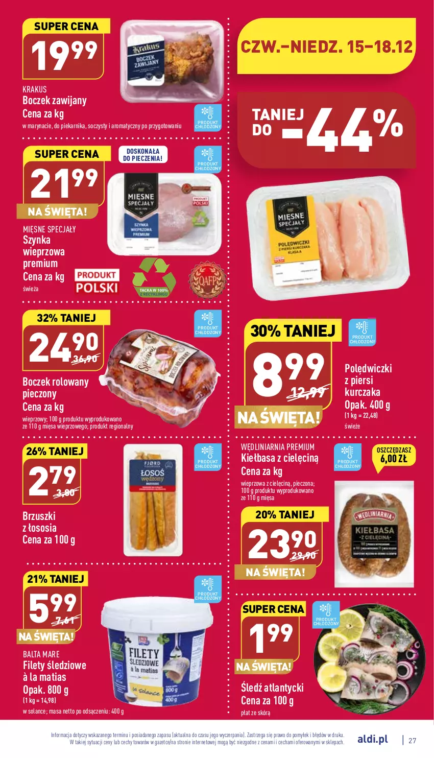 Gazetka promocyjna Aldi - Pełny katalog - ważna 12.12 do 18.12.2022 - strona 27 - produkty: Balta Mare, Boczek, Brzuszki z łososia, Kiełbasa, Krakus, Kurczak, Mięsne specjały, Piec, Piekarnik, Solan, Sos, Szynka, Szynka wieprzowa