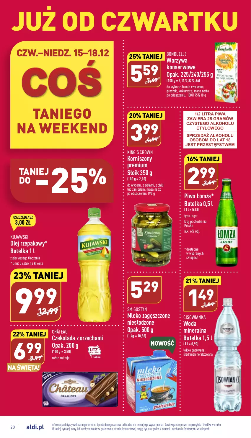 Gazetka promocyjna Aldi - Pełny katalog - ważna 12.12 do 18.12.2022 - strona 28 - produkty: Bonduelle, Cisowianka, Czekolada, Fa, Fasola, Gra, Groszek, Korniszony, Kujawski, Kukurydza, Mleko, Mleko zagęszczone, Olej, Olej rzepakowy, Piwa, Piwo, Ser, Warzywa, Warzywa konserwowe, Woda, Woda mineralna