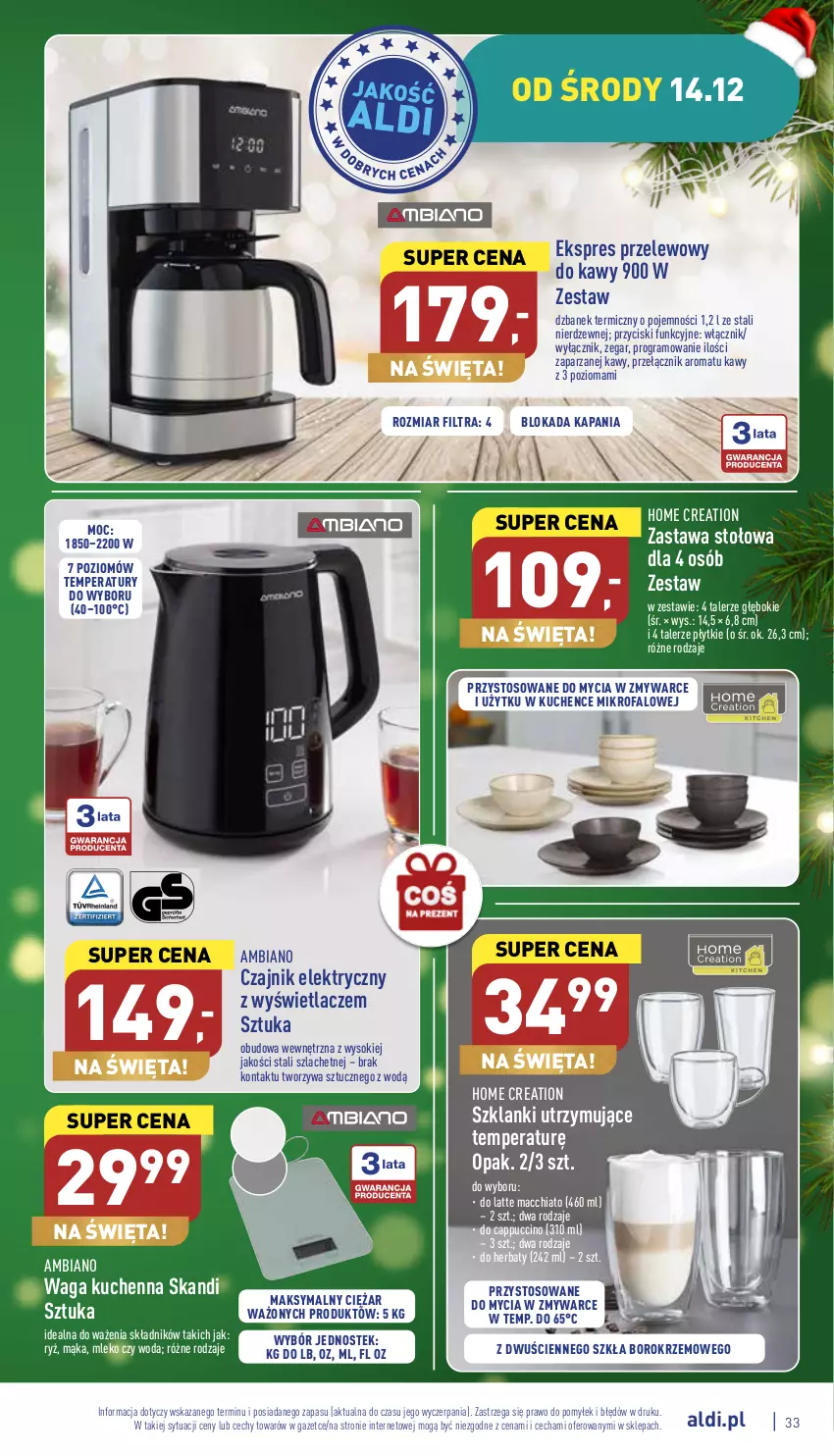 Gazetka promocyjna Aldi - Pełny katalog - ważna 12.12 do 18.12.2022 - strona 33 - produkty: Cappuccino, Chia, Czajnik, Czajnik elektryczny, Dzbanek, Ekspres przelewowy, Fa, Gra, Lanki, Mąka, Mleko, Ryż, Sok, Stek, Talerz, Waga, Woda, Zegar