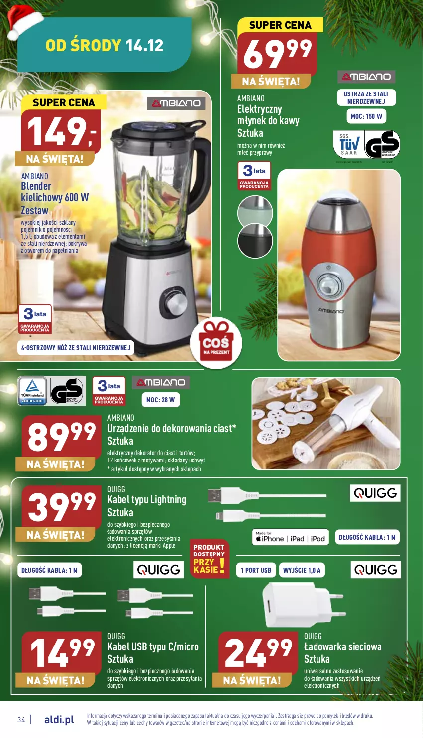 Gazetka promocyjna Aldi - Pełny katalog - ważna 12.12 do 18.12.2022 - strona 34 - produkty: Blender, Dekorator, Kabel USB, Młynek, Młynek do kawy, Piec, Pojemnik, Pokrywa, Por, Przyprawy, Sok, Warka