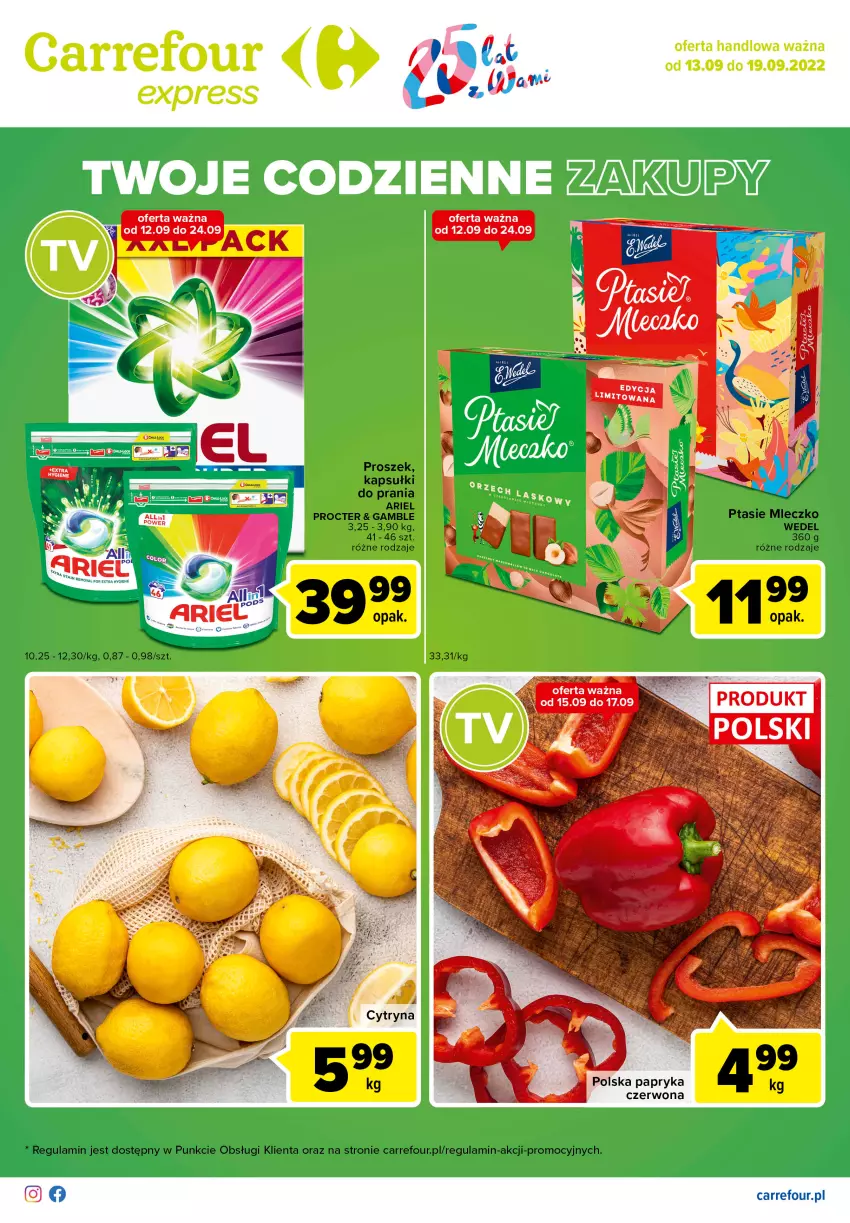 Gazetka promocyjna Carrefour - Gazetka Express - ważna 13.09 do 19.09.2022 - strona 1 - produkty: Ariel, Kapsułki do prania, Mleczko, Papryka, Papryka czerwona, Ptasie mleczko