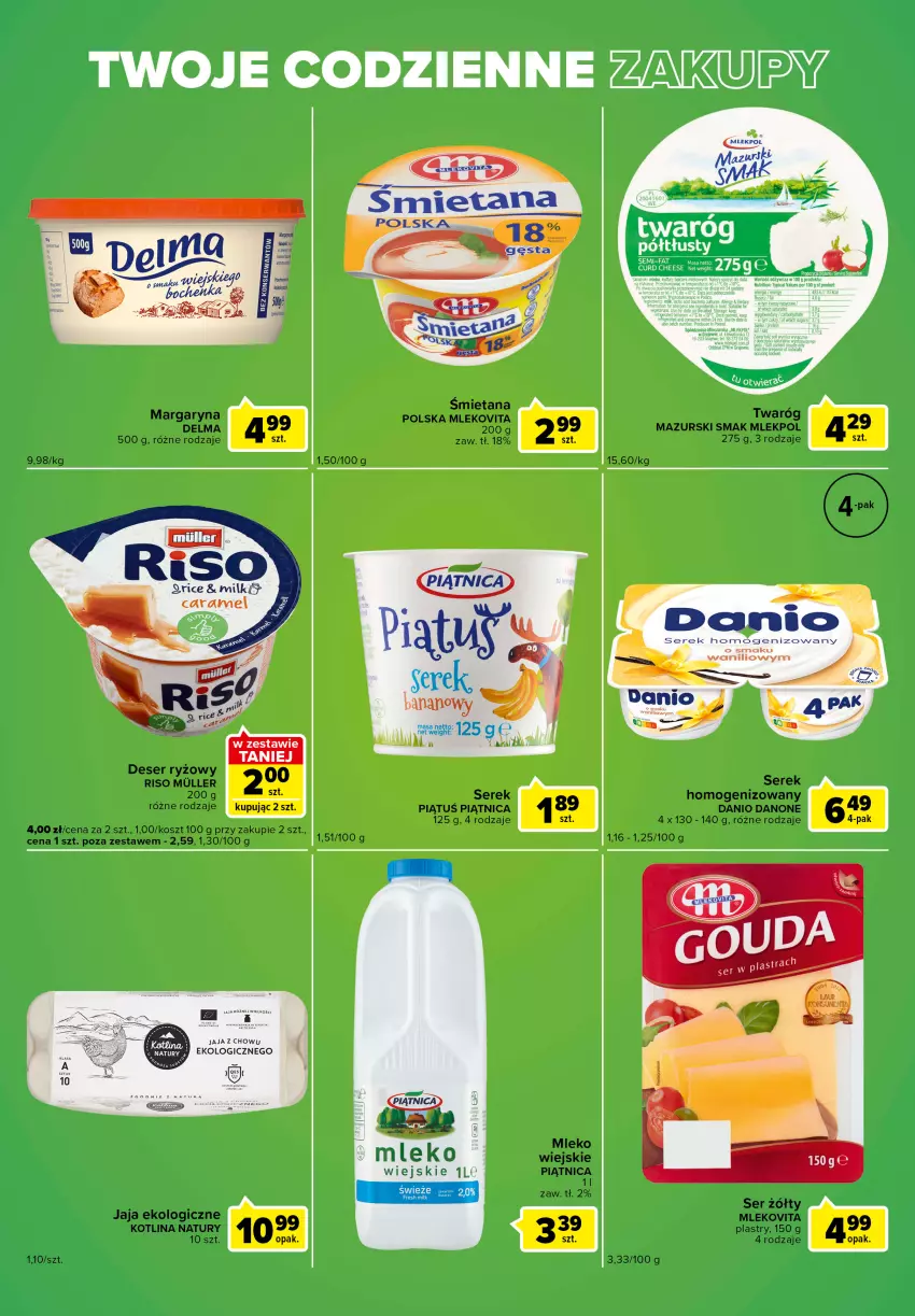 Gazetka promocyjna Carrefour - Gazetka Express - ważna 13.09 do 19.09.2022 - strona 2 - produkty: Danio, Danone, Delma, Deser, Jaja, Kosz, Kotlin, Margaryna, Mleko, Mlekovita, Piątnica, Ryż, Ser, Serek, Serek homogenizowany, Sony, Twaróg, Twaróg półtłusty