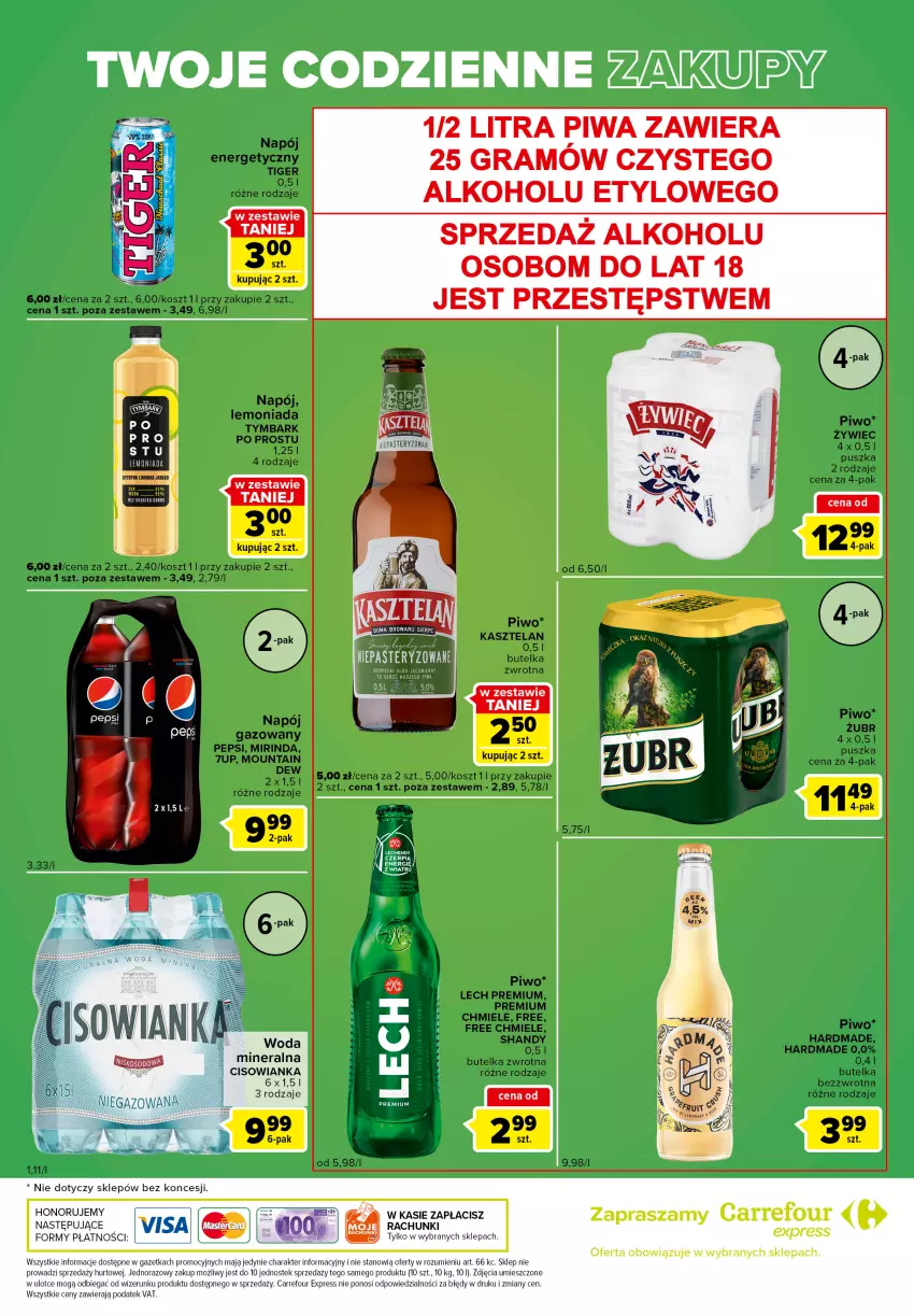 Gazetka promocyjna Carrefour - Gazetka Express - ważna 13.09 do 19.09.2022 - strona 6 - produkty: 7up, Cisowianka, Gra, Kasztelan, Kosz, Lech Premium, Lemoniada, Limonka, Mirinda, Napój, Napój gazowany, Pepsi, Piwa, Piwo, Stek, Tiger, Tymbark, Woda