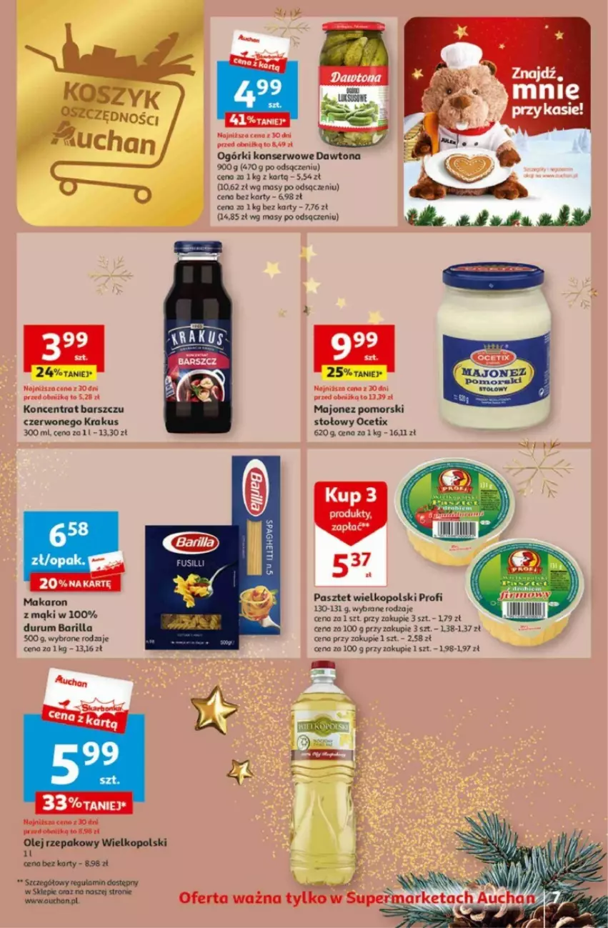 Gazetka promocyjna Auchan - ważna 16.11 do 22.11.2023 - strona 7 - produkty: Barilla, Dawtona, Krakus, Majonez, Makaron, Ocet, Ogórki konserwowe, Olej, Olej rzepakowy, Pasztet, Rum, Ser