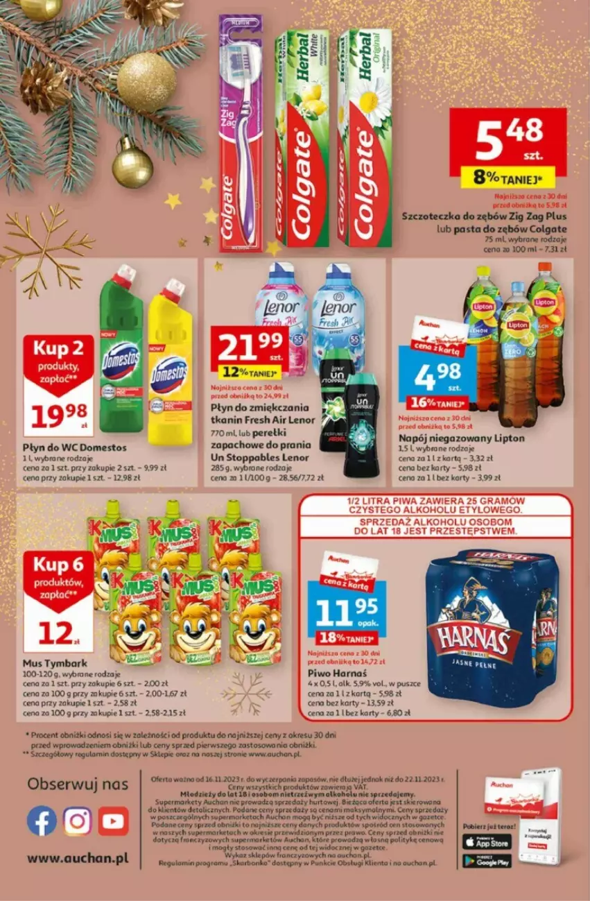 Gazetka promocyjna Auchan - ważna 16.11 do 22.11.2023 - strona 8 - produkty: Colgate, Domestos, Gra, Harnaś, Lenor, LG, Lipton, Mus, Napój, Napój niegazowany, Pasta do zębów, Piwa, Piwo, Płyn do wc, Ser, Stopp, Szczoteczka, Szczoteczka do zębów, Tera, Top, Tymbark