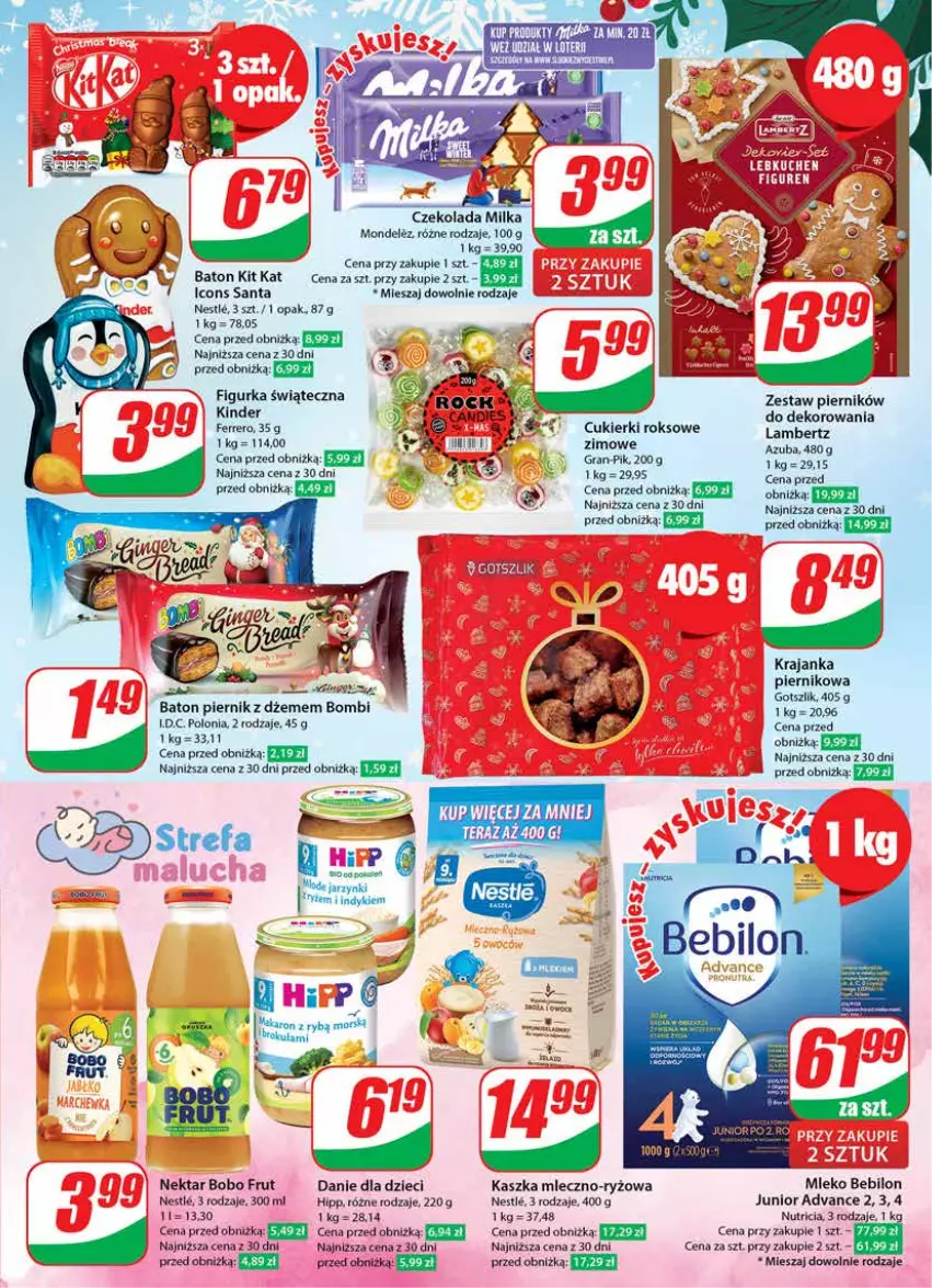 Gazetka promocyjna Dino - Gazetka 50 - ważna 13.12 do 19.12.2023 - strona 5 - produkty: Baton, BEBILON, Cukier, Cukierki, Czekolada, Danie dla dzieci, Dzieci, Fa, Ferrero, Gra, HiPP, Kinder, Kit Kat, Milka, Mleko, Mleko Bebilon, Nektar, Piernik, Ryż, Tera