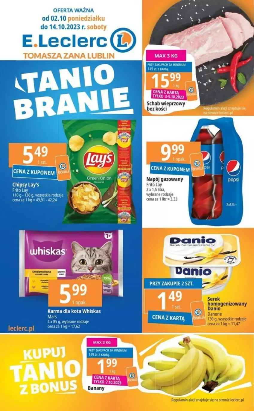 Gazetka promocyjna E Leclerc - ważna 03.10 do 14.10.2023 - strona 1 - produkty: Banany, Danio, Danone, Napój, Napój gazowany, Schab wieprzowy, Ser, Serek, Serek homogenizowany