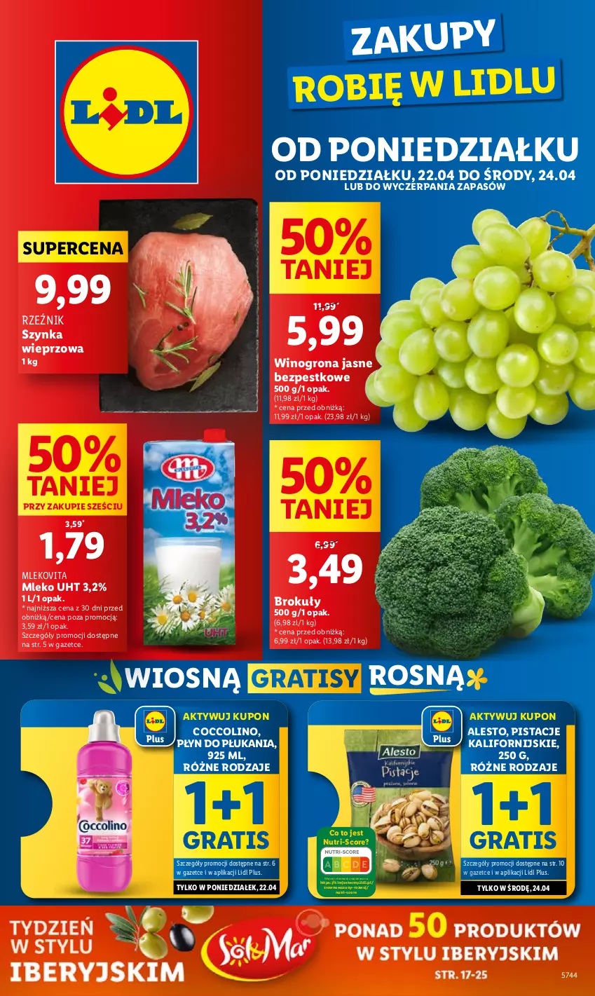 Gazetka promocyjna Lidl - GAZETKA - ważna 22.04 do 24.04.2024 - strona 1 - produkty: Brokuły, Coccolino, Gra, Mleko, Mlekovita, Pistacje, Płyn do płukania, Szynka, Szynka wieprzowa, Wazon, Wino, Winogrona