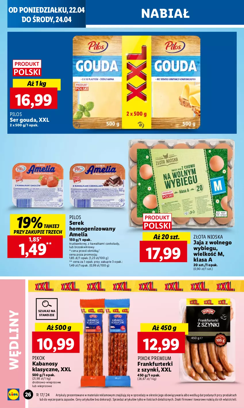 Gazetka promocyjna Lidl - GAZETKA - ważna 22.04 do 24.04.2024 - strona 28 - produkty: Frankfurterki, Gouda, Jaja, Jaja z wolnego wybiegu, Kabanos, Kawa, PIKOK, Pilos, Ser, Serek, Serek homogenizowany