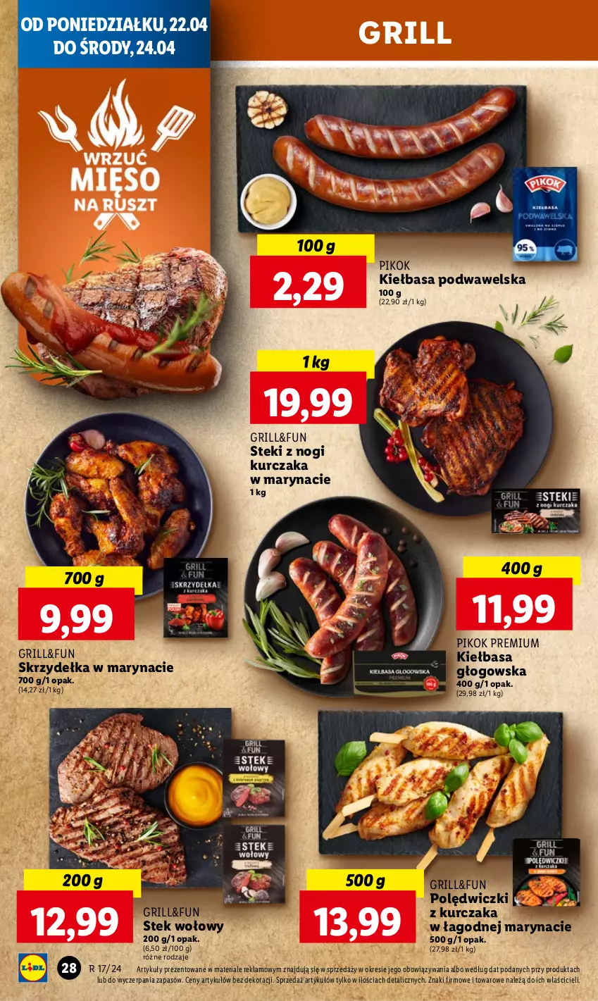 Gazetka promocyjna Lidl - GAZETKA - ważna 22.04 do 24.04.2024 - strona 30 - produkty: Grill, Kiełbasa, Kiełbasa głogowska, Kiełbasa podwawelska, Kurczak, PIKOK, Polędwiczki z kurczaka, Stek, Stek wołowy, Wawel