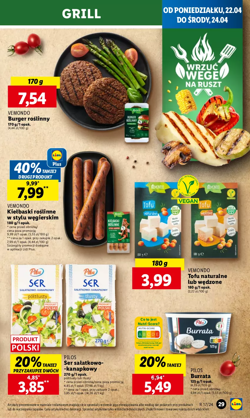 Gazetka promocyjna Lidl - GAZETKA - ważna 22.04 do 24.04.2024 - strona 31 - produkty: Burger, Burrata, Grill, Pilos, Sałat, Ser, Ser sałatkowo-kanapkowy, Tofu, Wazon