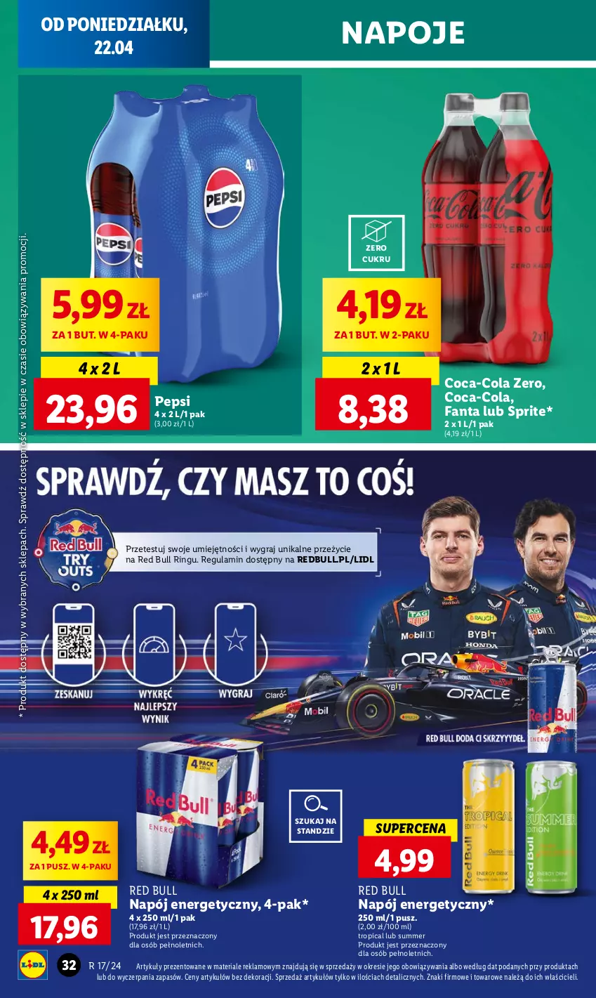 Gazetka promocyjna Lidl - GAZETKA - ważna 22.04 do 24.04.2024 - strona 34 - produkty: Coca-Cola, Fa, Fanta, Gra, Napój, Napój energetyczny, Napoje, Pepsi, Red Bull, Sprite, Tropical