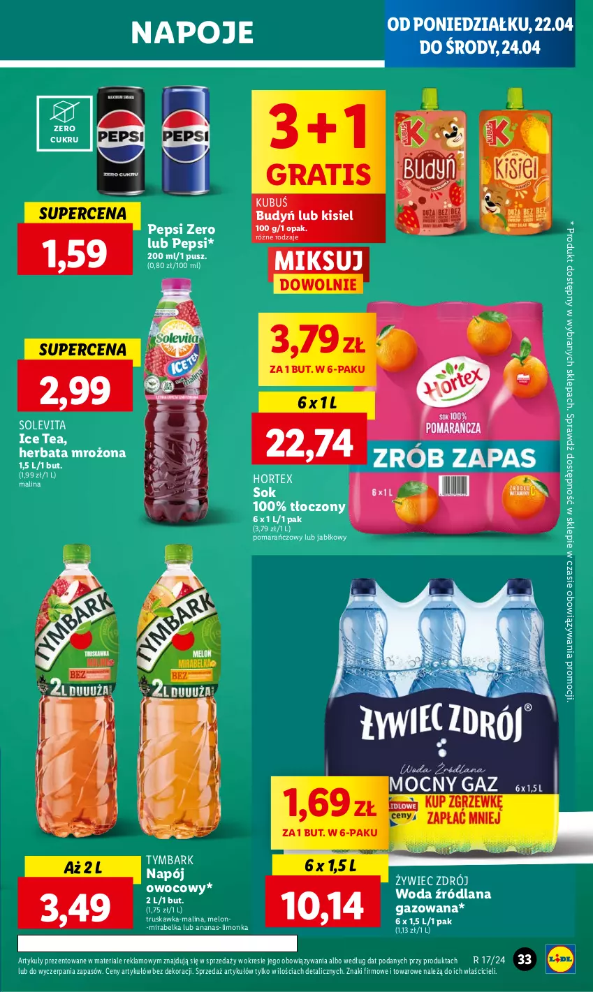 Gazetka promocyjna Lidl - GAZETKA - ważna 22.04 do 24.04.2024 - strona 35 - produkty: Ananas, Budyń, Gra, Herbata, Hortex, Ice tea, Kisiel, Kubuś, LANA, Limonka, Melon, Napój, Napoje, Pepsi, Sok, Tymbark, Woda