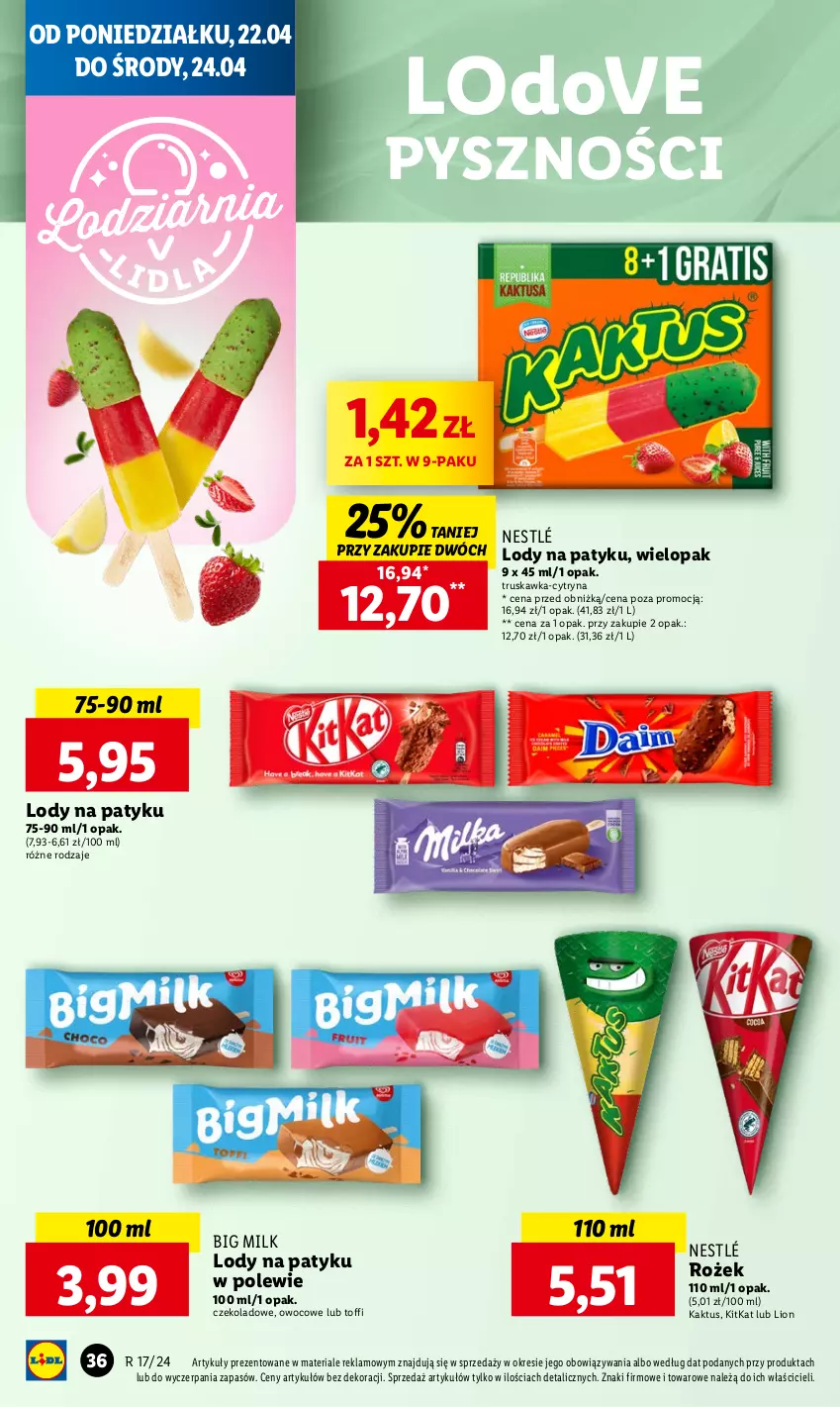 Gazetka promocyjna Lidl - GAZETKA - ważna 22.04 do 24.04.2024 - strona 38 - produkty: Big Milk, Dove, Kaktus, Lion, Lody, Nestlé