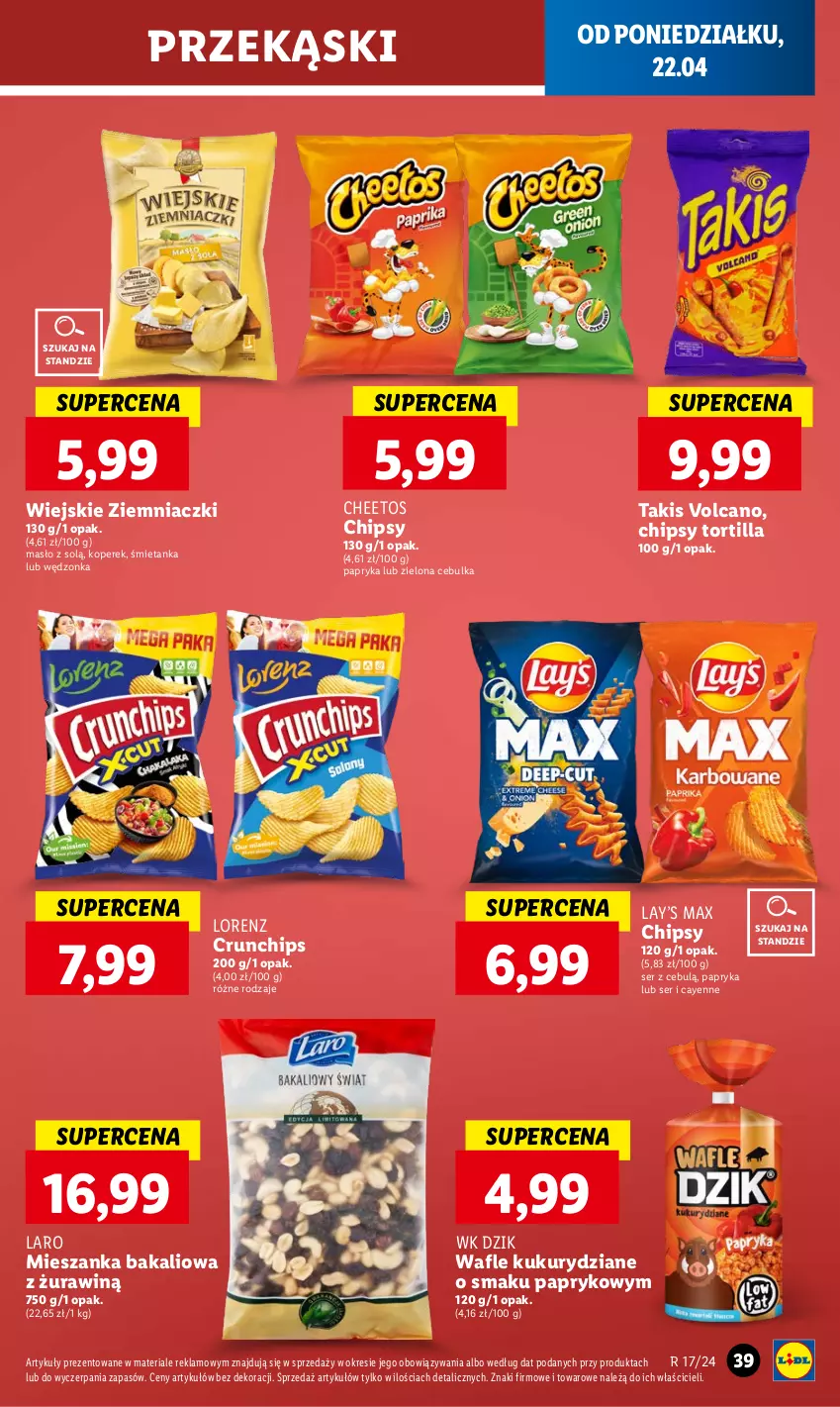 Gazetka promocyjna Lidl - GAZETKA - ważna 22.04 do 24.04.2024 - strona 43 - produkty: Cheetos, Chipsy, Crunchips, Lay’s, Lorenz, Masło, Mieszanka bakaliowa, Papryka, Ser, Tortilla, Wafle