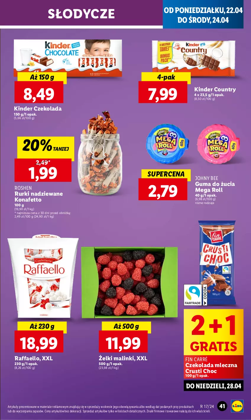 Gazetka promocyjna Lidl - GAZETKA - ważna 22.04 do 24.04.2024 - strona 45 - produkty: Czekolada, Czekolada mleczna, Fa, Gra, Guma do żucia, Kinder, Raffaello, Rurki, Rust