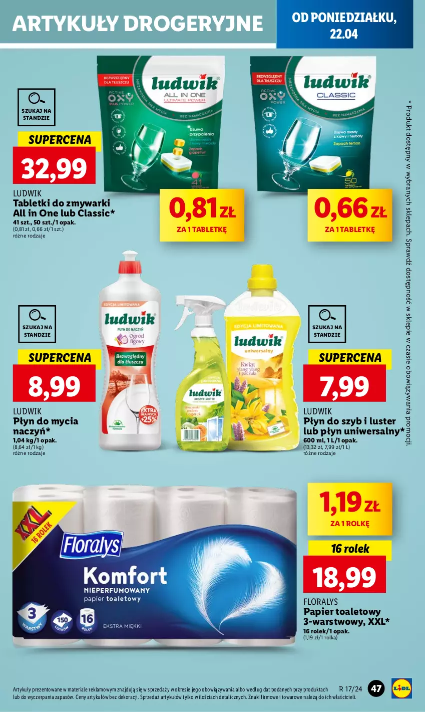 Gazetka promocyjna Lidl - GAZETKA - ważna 22.04 do 24.04.2024 - strona 51 - produkty: Do mycia naczyń, Flora, Ludwik, Papier, Papier toaletowy, Płyn do mycia, Płyn do mycia naczyń, Płyn do szyb, Tablet, Tabletki do zmywarki, Zmywarki