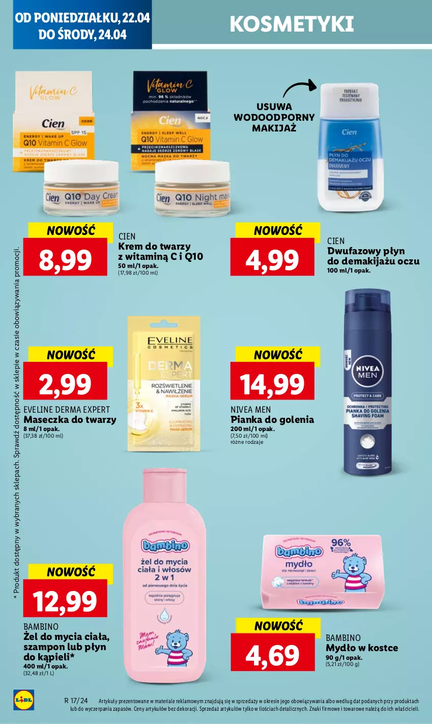 Gazetka promocyjna Lidl - GAZETKA - ważna 22.04 do 24.04.2024 - strona 52 - produkty: Eveline, Fa, Krem do twarzy, Makijaż, Mydło, Nivea, Nivea Men, Pianka do golenia, Płyn do kąpieli, Por, Szampon