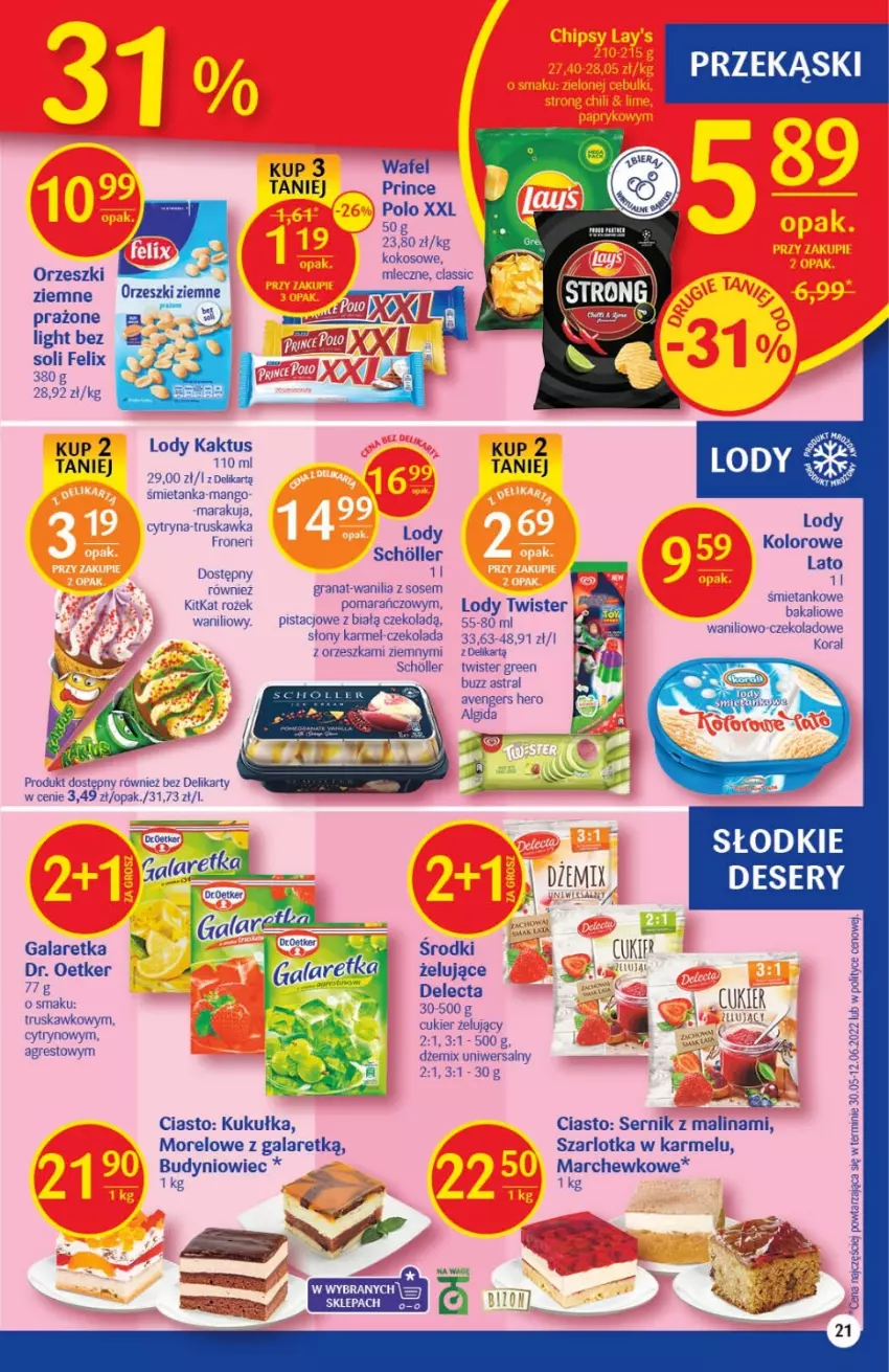 Gazetka promocyjna Delikatesy Centrum - Gazetka DC29 - ważna 28.07 do 03.08.2022 - strona 21 - produkty: Avengers, Cukier, Czekolada, Delecta, Deser, Dżem, Felix, Gala, Galaretka, Gra, Granat, Gres, Holle, Kaktus, Kokos, Lody, Mango, Orzeszki, Orzeszki ziemne, Prince Polo, Ser, Sos, Szarlotka