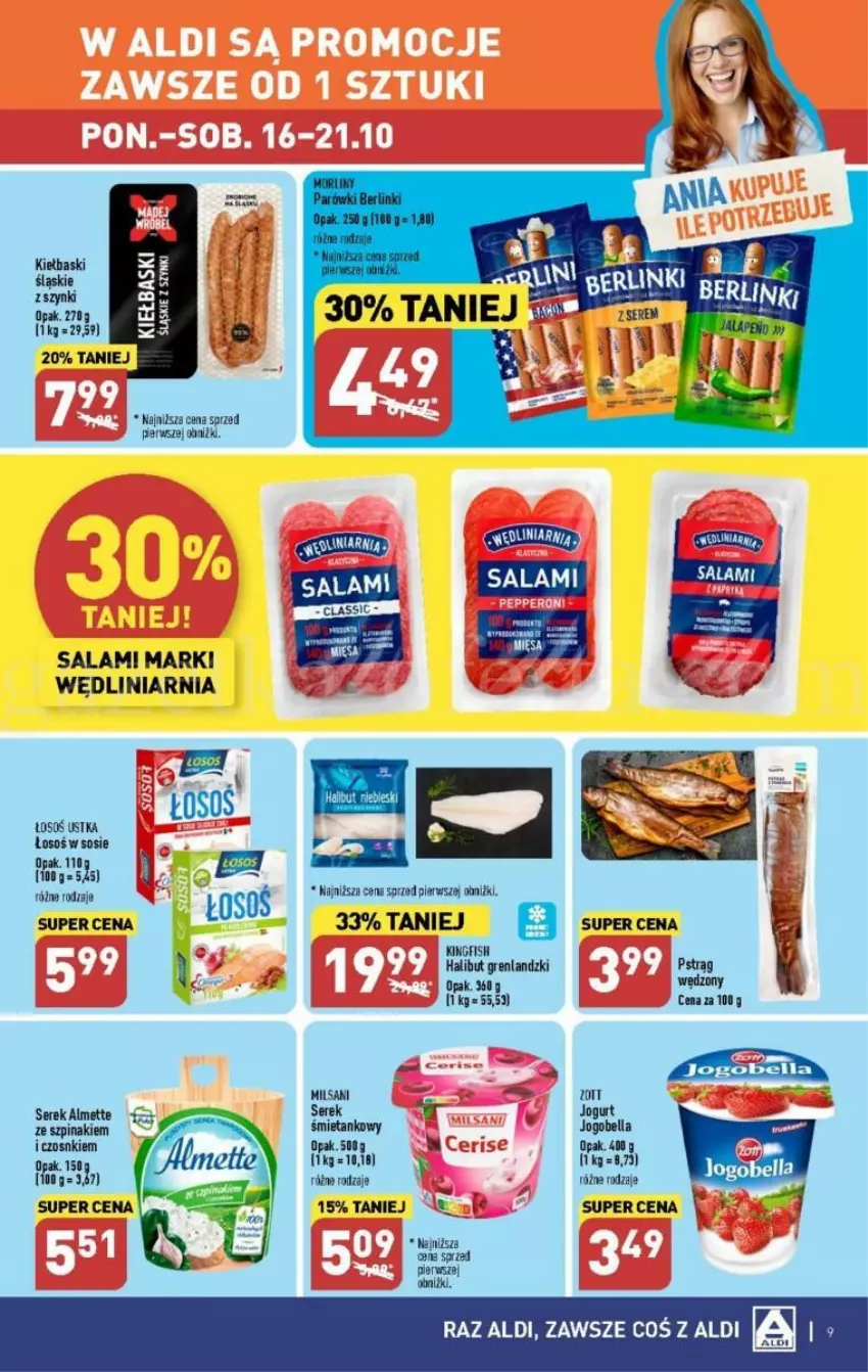 Gazetka promocyjna Aldi - ważna 16.10 do 21.10.2023 - strona 41 - produkty: Almette, Bell, Bella, Halibut, Jogobella, Jogurt, Kiełbaski śląskie, Pstrąg, Pstrąg wędzony, Salami, Ser, Serek, Sos