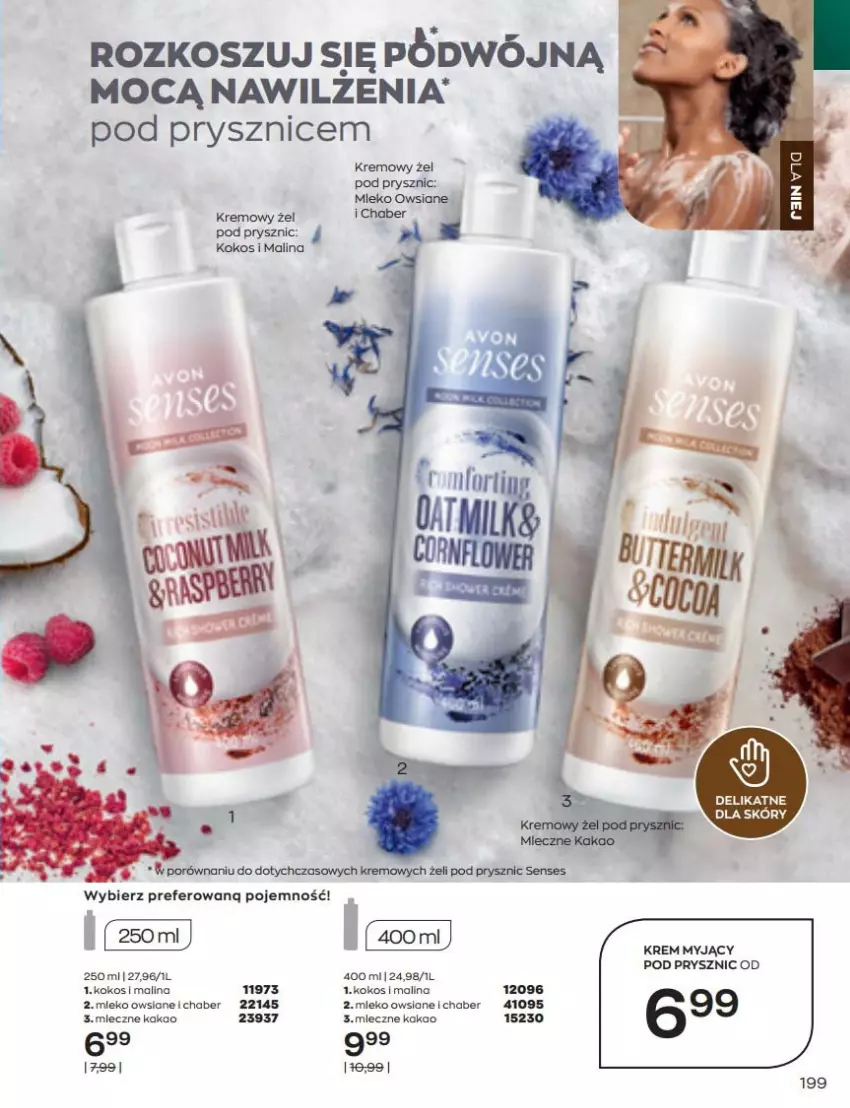 Gazetka promocyjna Avon - Katalog Avon 6/2022 kampania czerwiec - ważna 01.06 do 30.06.2022 - strona 199 - produkty: Kakao, Kokos, Kosz, Mleko, Mleko owsiane, Por, Senses