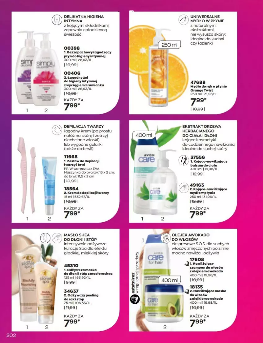 Gazetka promocyjna Avon - Katalog Avon 6/2022 kampania czerwiec - ważna 01.06 do 30.06.2022 - strona 202 - produkty: Maska, Maska do włosów, Maszynka, Mydło, Nawilżający balsam, Olej, Peeling, Rum, Szampon, Szynka