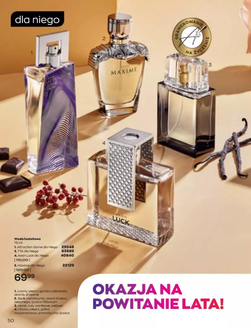 Gazetka promocyjna Avon - Katalog Avon 6/2022 kampania czerwiec - ważna 01.06 do 30.06.2022 - strona 50 - produkty: Czekolada, Gałka, Mandarynki, Pieprz, Woda