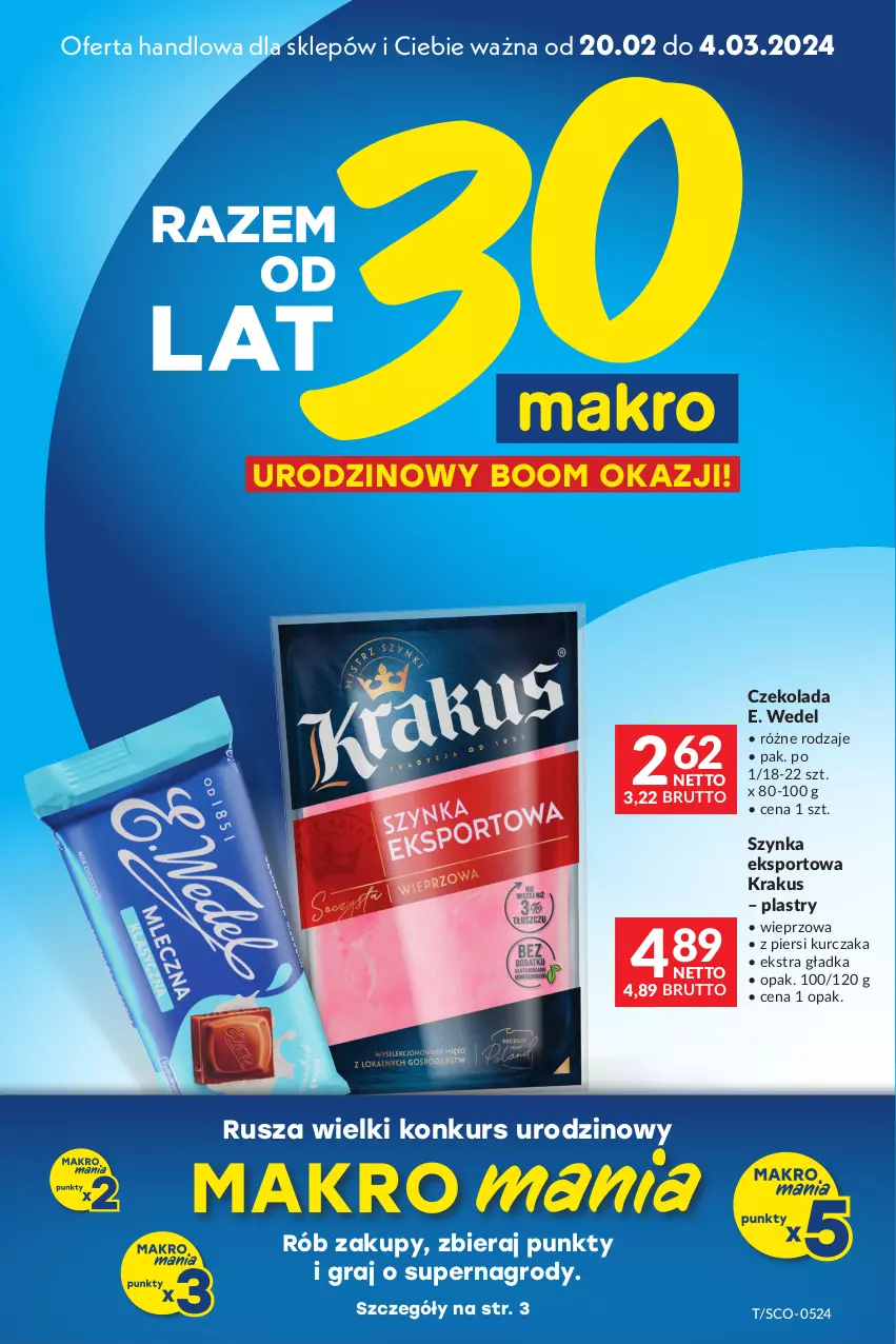 Gazetka promocyjna Makro - Oferta dla Twojego biznesu - ważna 20.02 do 04.03.2024 - strona 1 - produkty: Czekolada, E. Wedel, Gra, Krakus, Kurczak, Por, Sport, Szynka