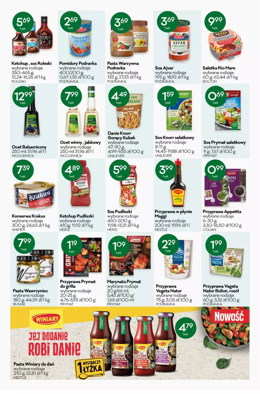 Gazetka promocyjna Groszek - ważna 04.08 do 16.08.2022 - strona 6 - produkty: Bulion, Grill, Heinz, Ketchup, Knorr, Krakus, Kubek, Laur, Lion, Maggi, Ocet, Ocet balsamiczny, Pasta warzywna, Podravka, Pomidory, Prymat, Przyprawa w płynie, Pudliszki, Rio Mare, Rosół, Sałat, Sałatka, Ser, Sos, Vegeta, Vegeta Natur, Winiary