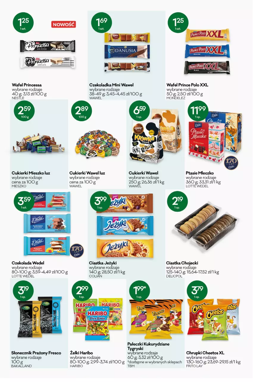 Gazetka promocyjna Groszek - ważna 04.08 do 16.08.2022 - strona 9 - produkty: Bakalland, Cheetos, Chrupki, Ciastka, Cukier, Cukierki, Czekolada, Fresco, Gry, Haribo, Mleczko, Prince Polo, Princessa, Ptasie mleczko, Słonecznik prażony, Wawel