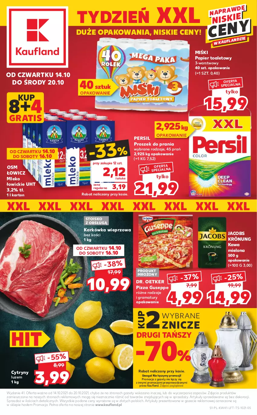 Gazetka promocyjna Kaufland - OFERTA TYGODNIA - ważna 14.10 do 20.10.2021 - strona 1 - produkty: Cytryny, Dr. Oetker, Gra, Jacobs, Jacobs Krönung, Karkówka wieprzowa, Kawa, Kawa mielona, Mleko, Papier, Papier toaletowy, Persil, Pizza, Proszek do prania, Rama, Waga, Znicz