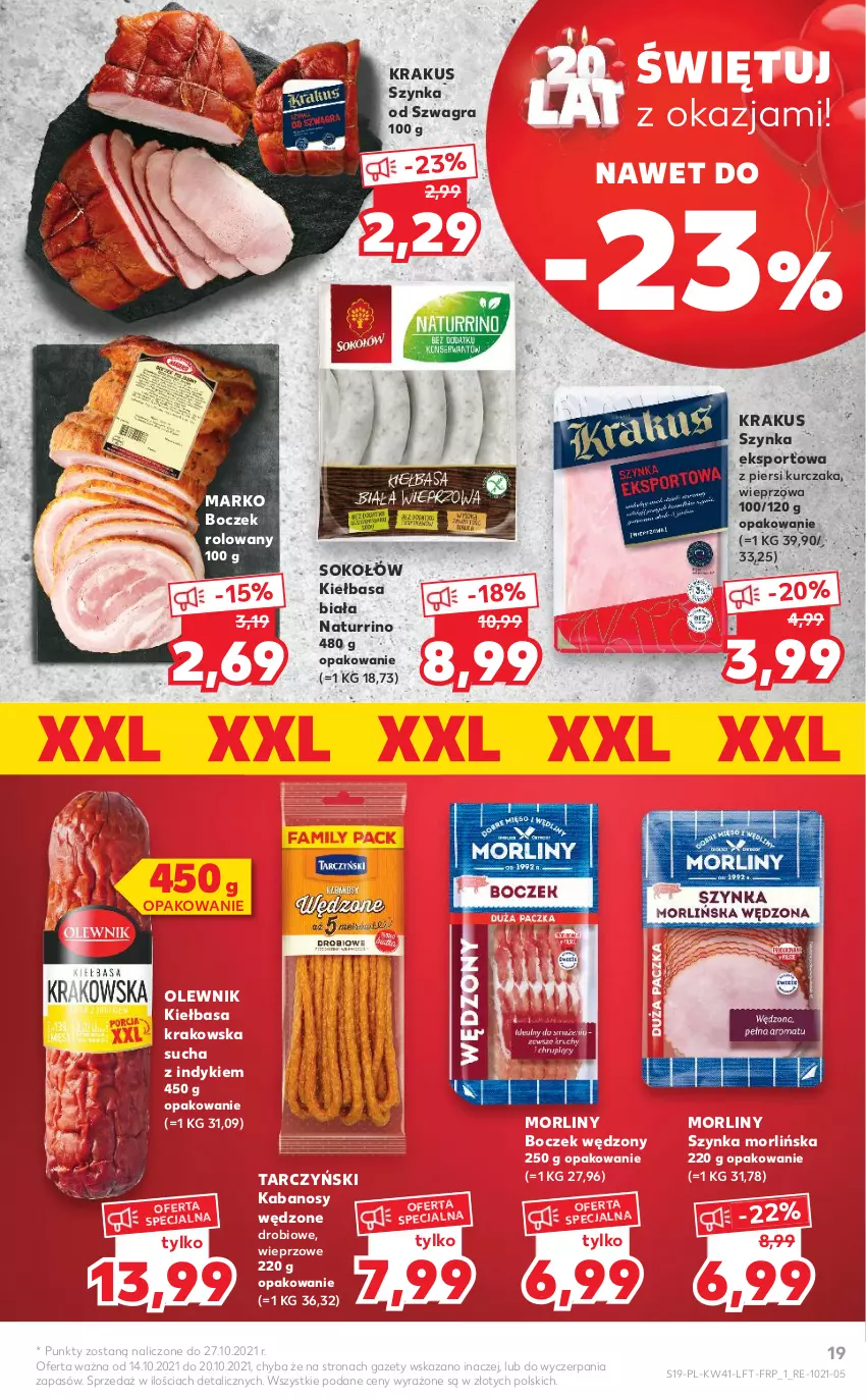 Gazetka promocyjna Kaufland - OFERTA TYGODNIA - ważna 14.10 do 20.10.2021 - strona 19 - produkty: Boczek, Gra, Kabanos, Kiełbasa, Kiełbasa biała, Kiełbasa krakowska, Krakus, Kurczak, Morliny, Olewnik, Por, Sok, Sokołów, Sport, Szynka, Tarczyński