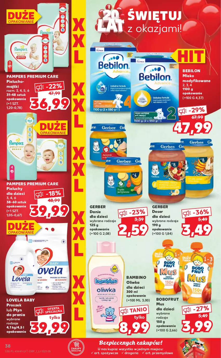 Gazetka promocyjna Kaufland - OFERTA TYGODNIA - ważna 14.10 do 20.10.2021 - strona 38 - produkty: Bobofrut, Danie dla dzieci, Deser, Dzieci, Gerber, Lovela, Majtki, Mleko, Mleko modyfikowane, Mus, Oliwka dla dzieci, Pampers, Piec, Pieluchy, Płyn do prania, Ser