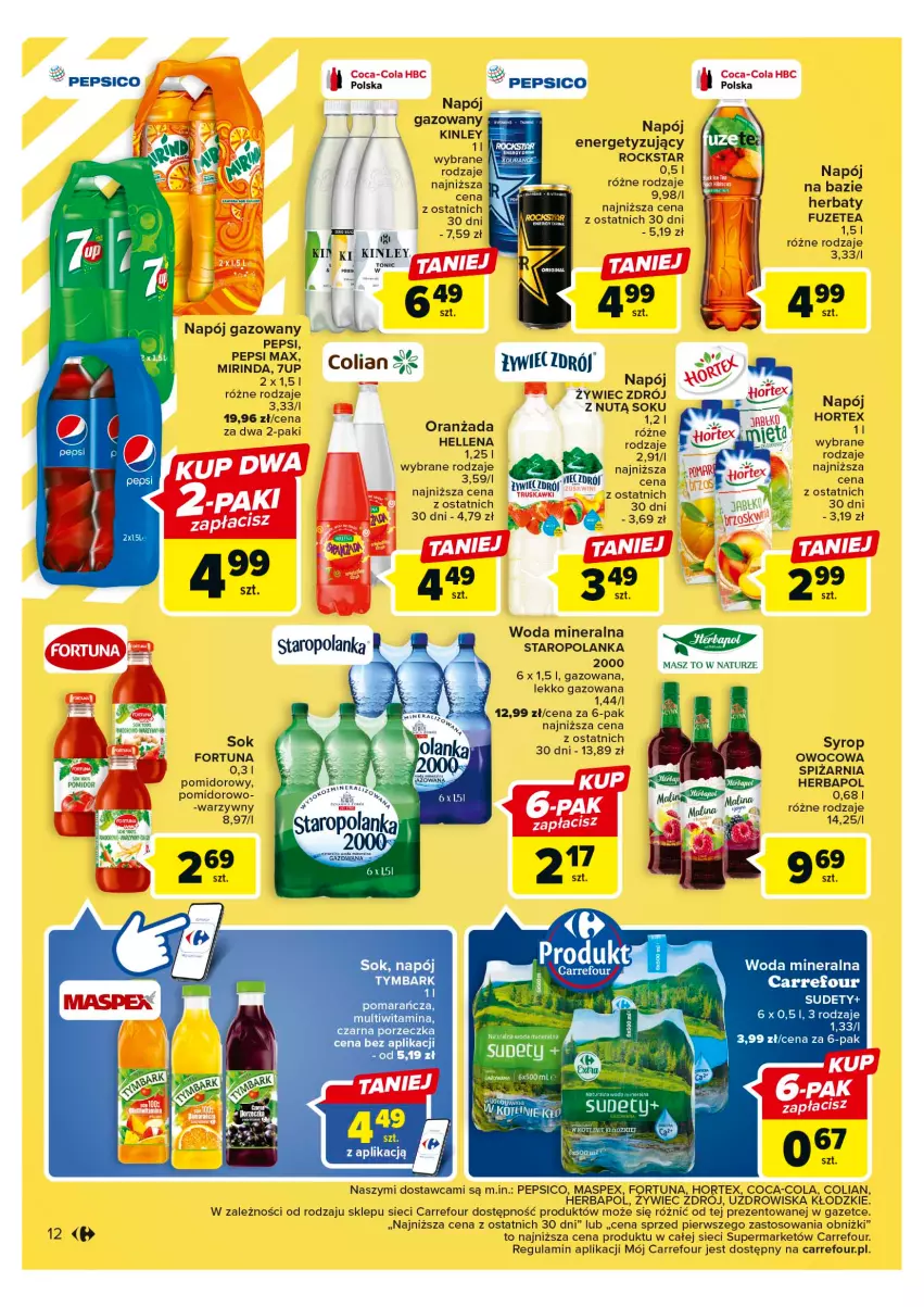 Gazetka promocyjna Carrefour - Gazetka Market - ważna 23.05 do 03.06.2023 - strona 12 - produkty: Coca-Cola, Fortuna, Hellena, Herbapol, Hortex, Mirinda, Napój, Napój gazowany, Oranżada, Pepsi, Pepsi max, Por, Sok, Staropolanka, Syrop, Tymbark, Woda, Woda mineralna