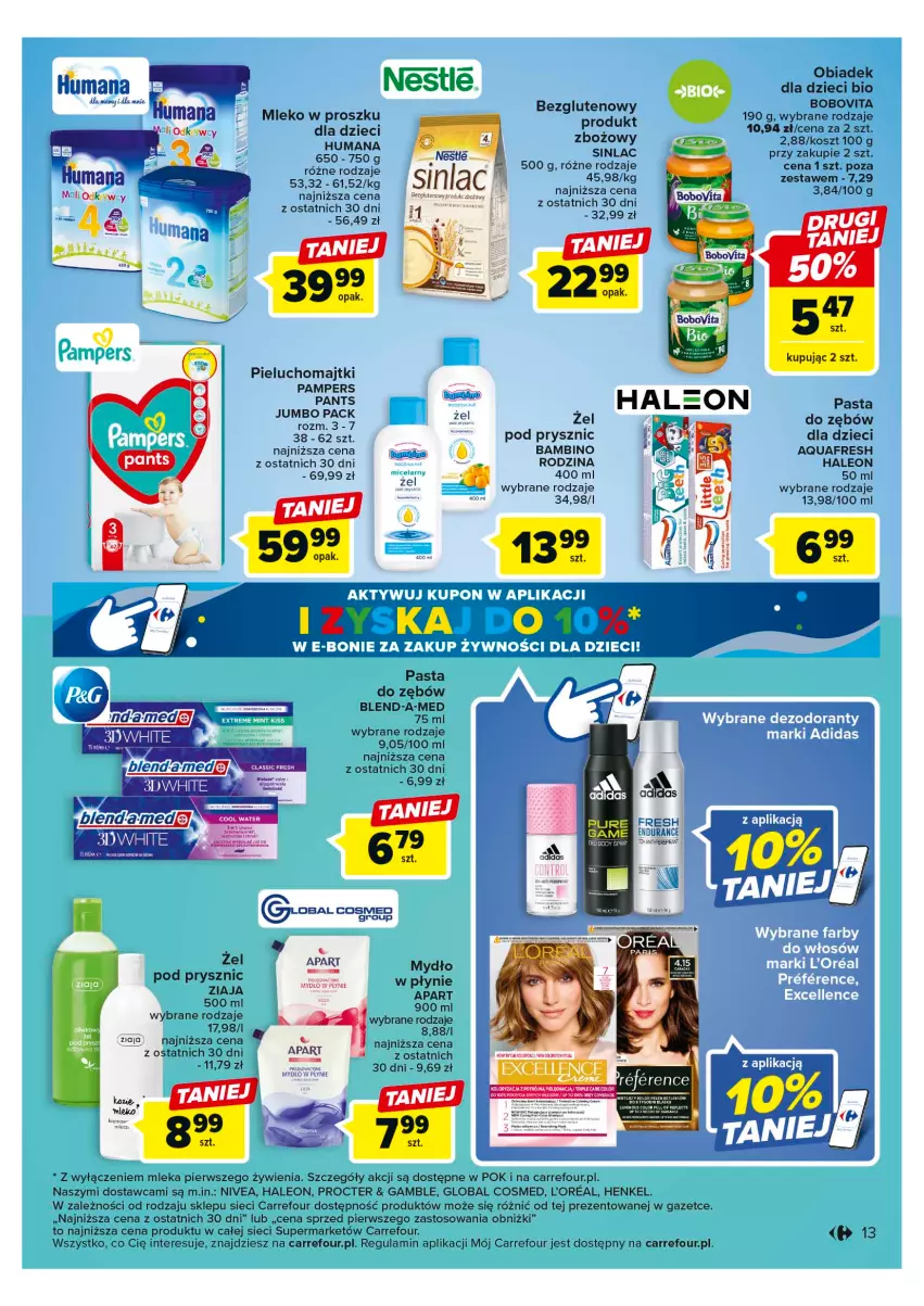 Gazetka promocyjna Carrefour - Gazetka Market - ważna 23.05 do 03.06.2023 - strona 13 - produkty: Adidas, Aquafresh, Blend-a-Med, BoboVita, Dezodorant, Dzieci, Fa, Humana, Kosz, Leon, Majtki, Mleko, Mleko w proszku, Mydło, Nivea, Pampers, Pasta do zębów, Pieluchomajtki, Sinlac, Ziaja