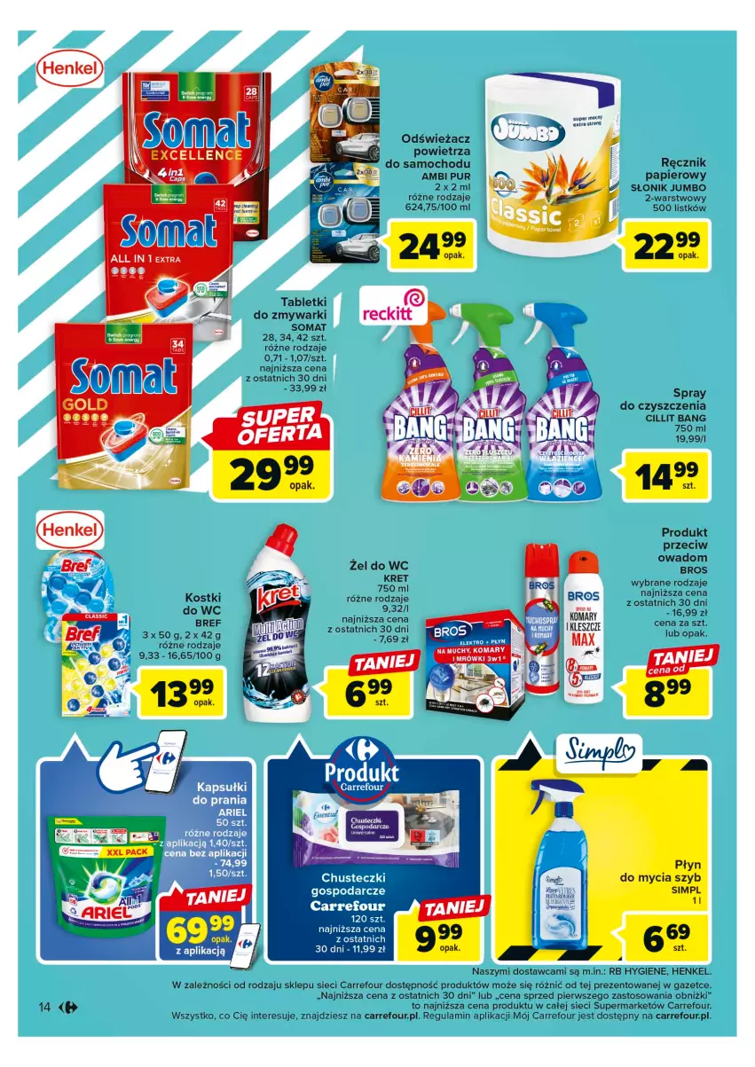 Gazetka promocyjna Carrefour - Gazetka Market - ważna 23.05 do 03.06.2023 - strona 14 - produkty: Ambi Pur, BIC, Chusteczki, Cillit Bang, Papier, Pur, Ręcznik, Somat, Spray do czyszczenia, Tablet, Tabletki do zmywarki, Zmywarki